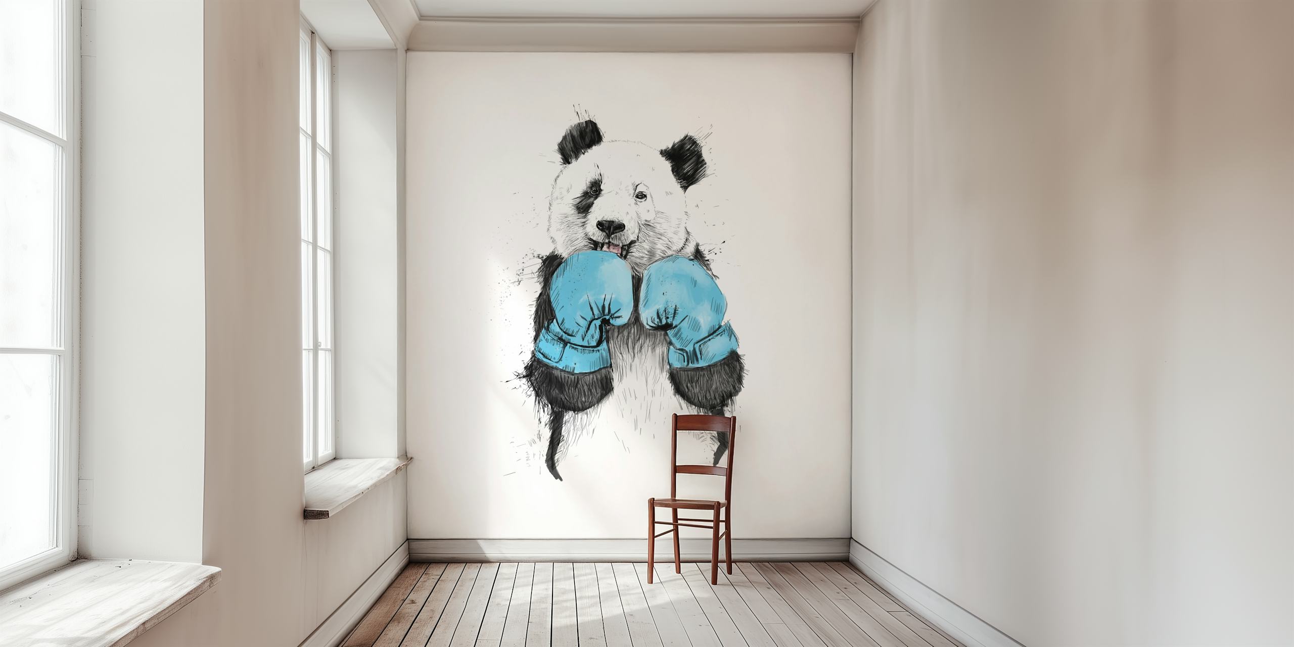 Panda wearing blue boxing gloves, cartoon style wallpaper