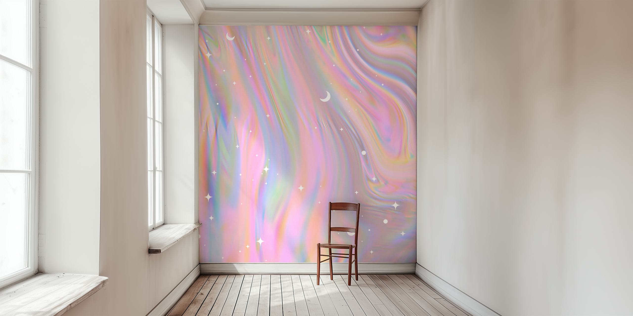 Iridescent swirling pastel colors with stars and moons wallpaper
