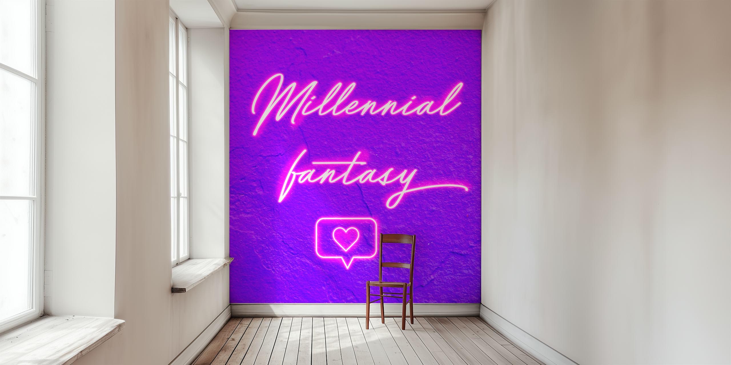 Millennial Fantasy fotobehang met een neonachtig roze schrift op een paarse achtergrond en een hartpictogram.