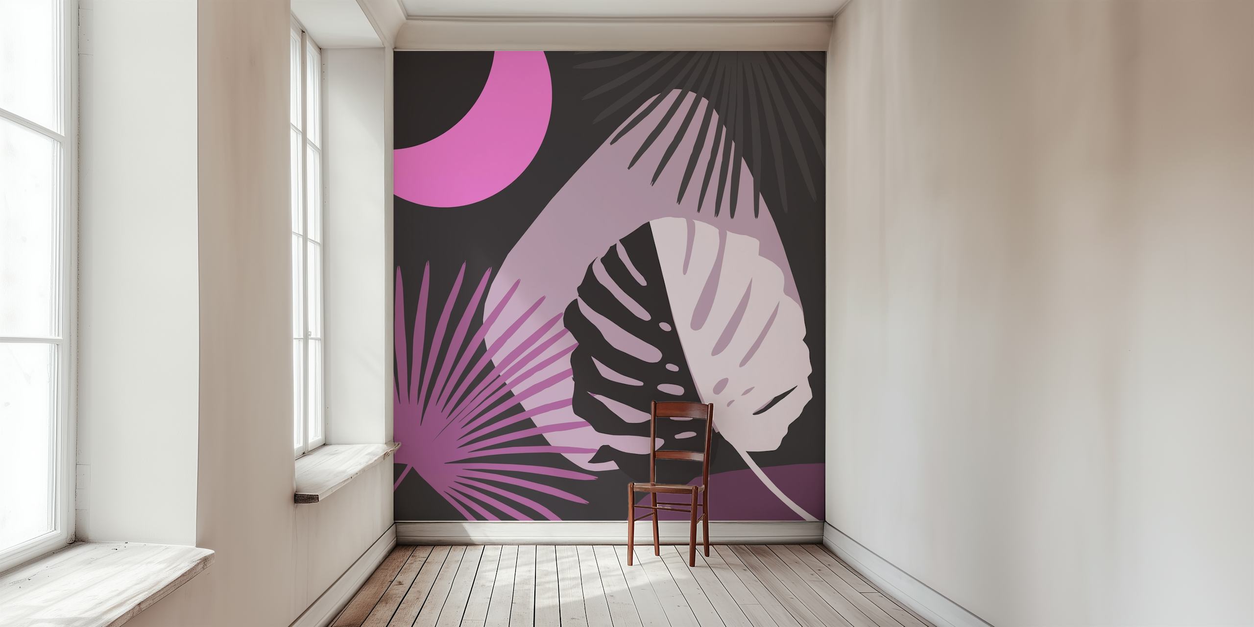 Yin Yang Monstera Fan Palm wall mural with pink crescent