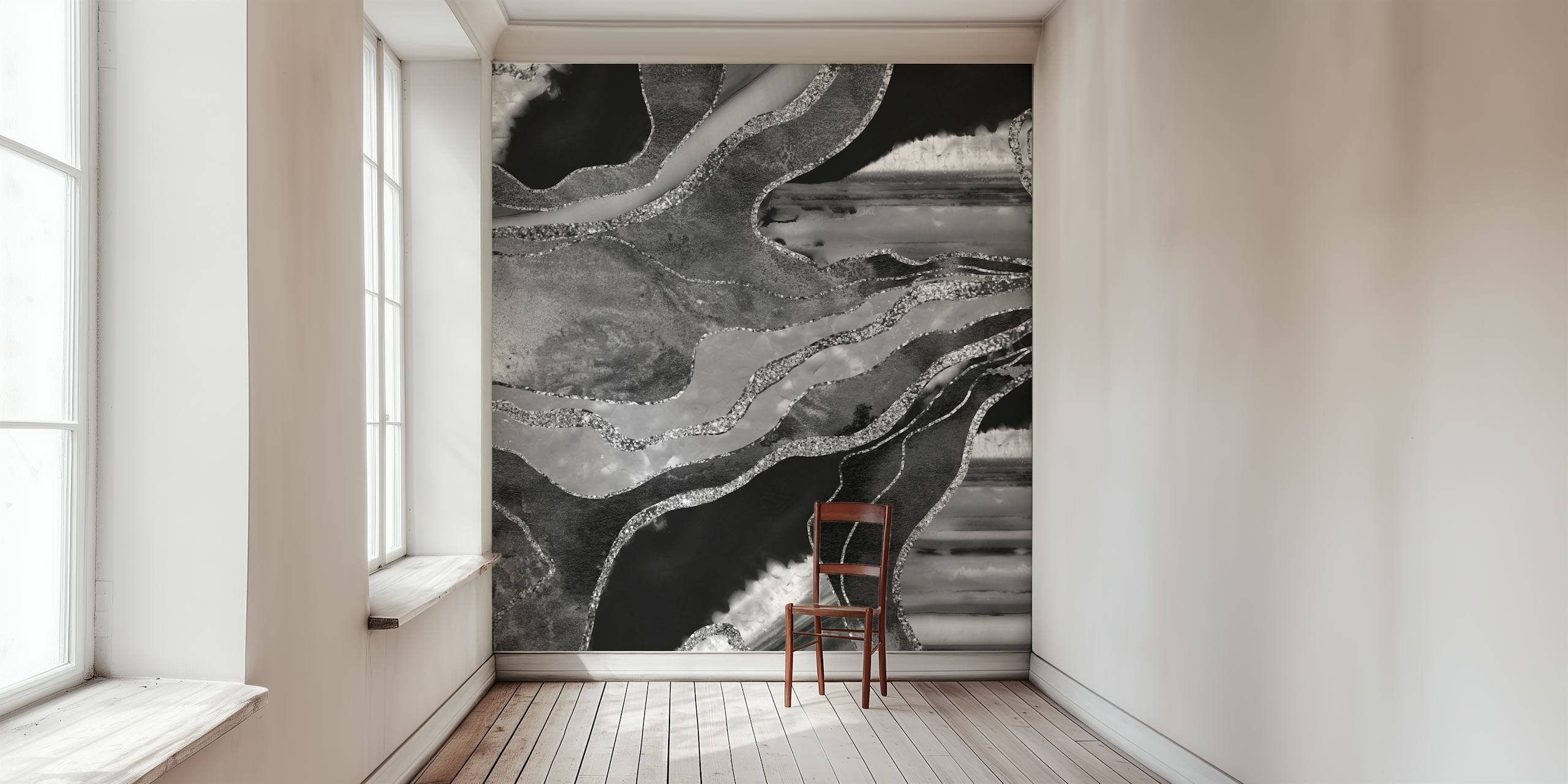 Black and white marbled pattern wallpaper with fluid shapes