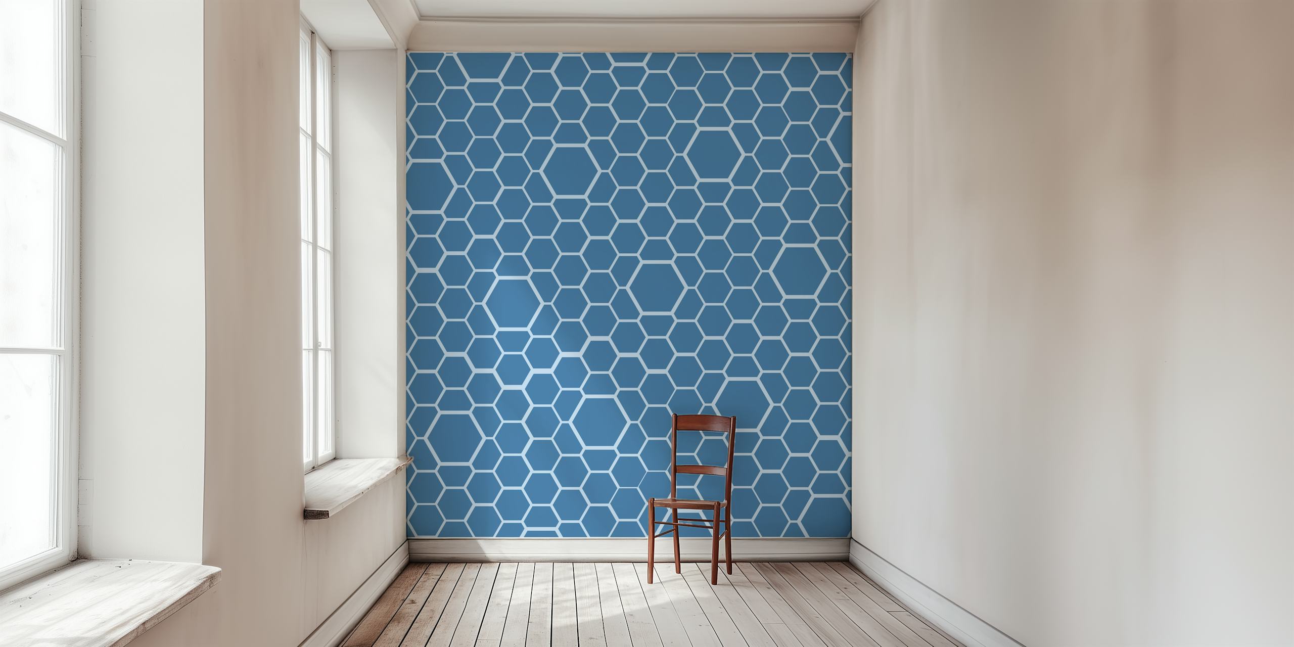 Blue honeycomb pattern wall mural with a geometric grid design
