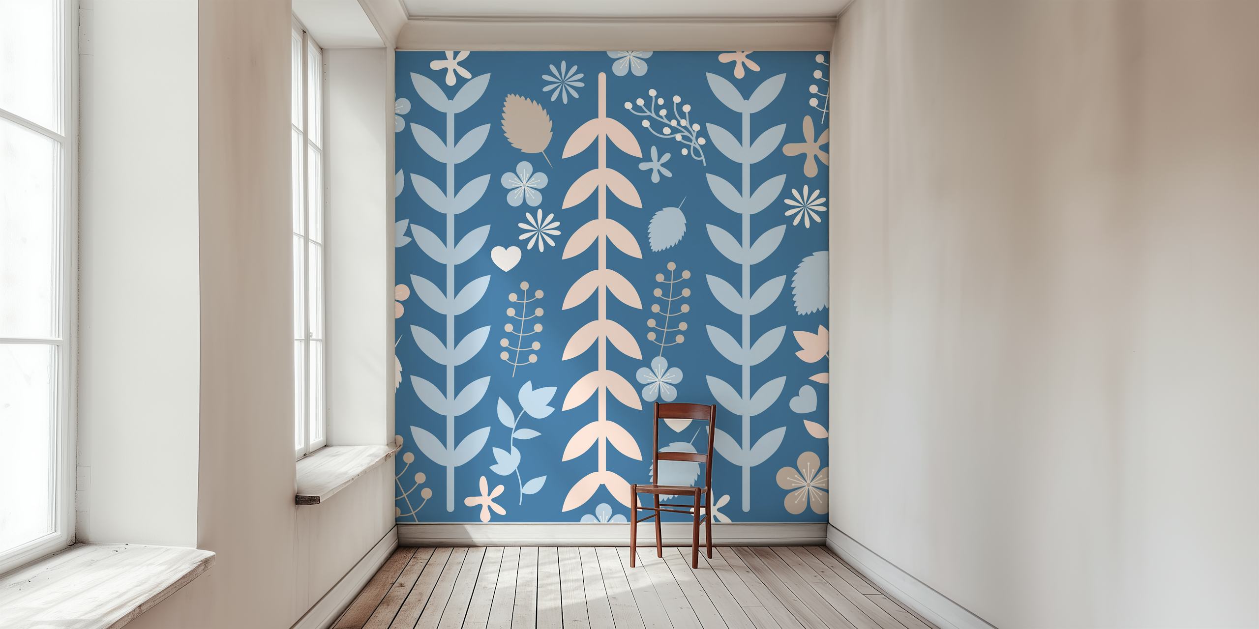 Naklejka ścienna Denim Blue Pink Leaves przedstawiająca botaniczne wzory liści w kolorze różowym i dżinsowym na stonowanym niebieskim tle.