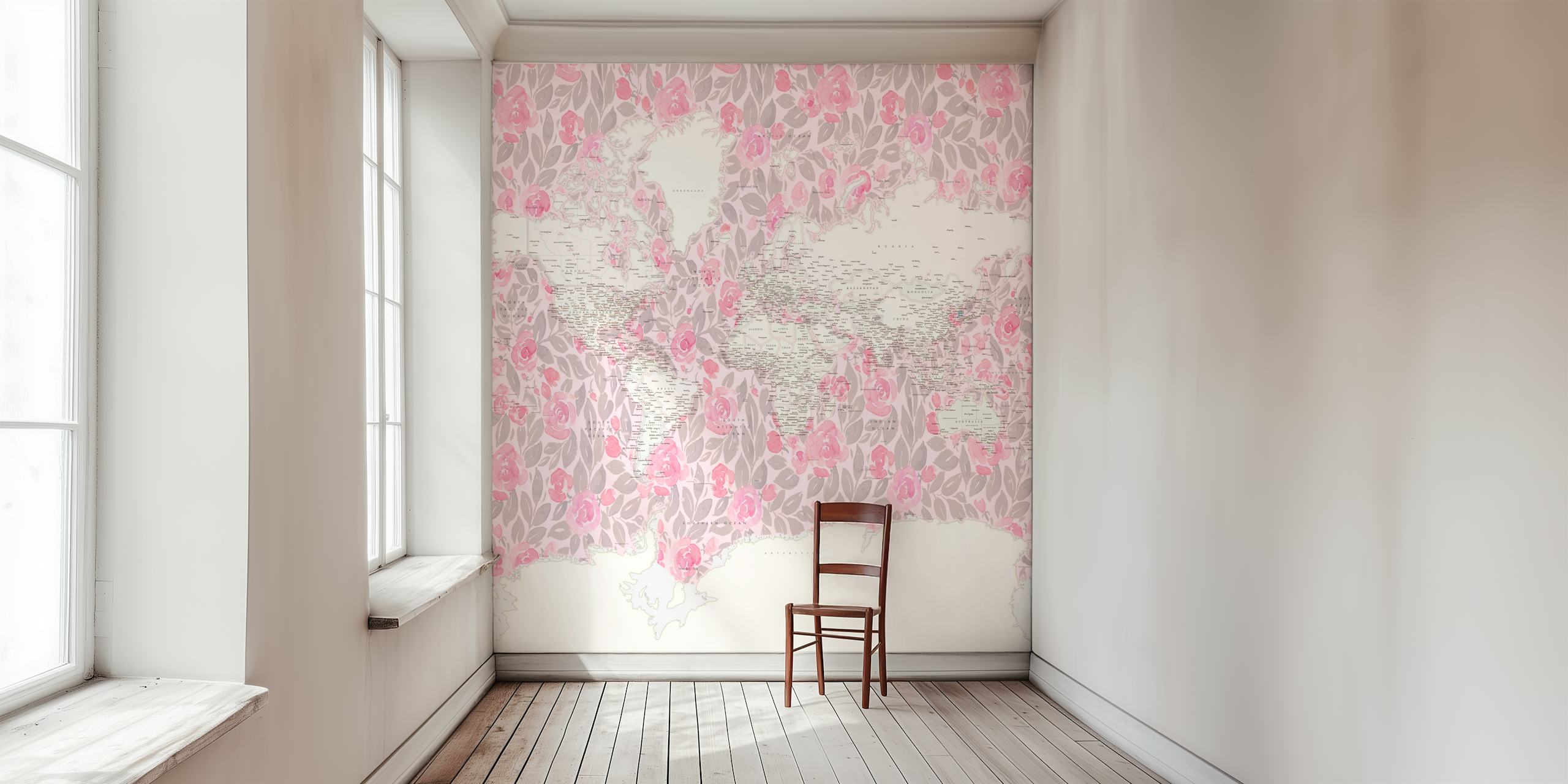 Fototapeta Stylizovaná mapa světa se zaměřením na Antarktidu, zdobená růžovými a bílými vzory