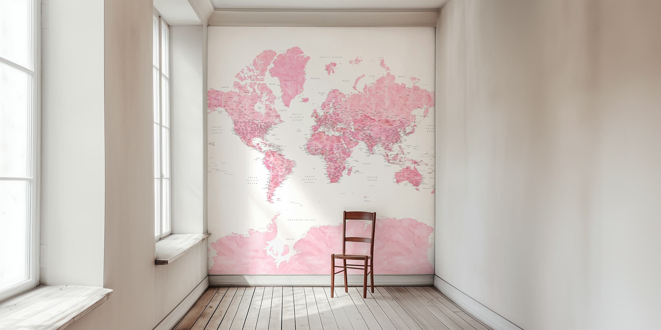 Elegant pink world map wall mural with highlighted Antarctica