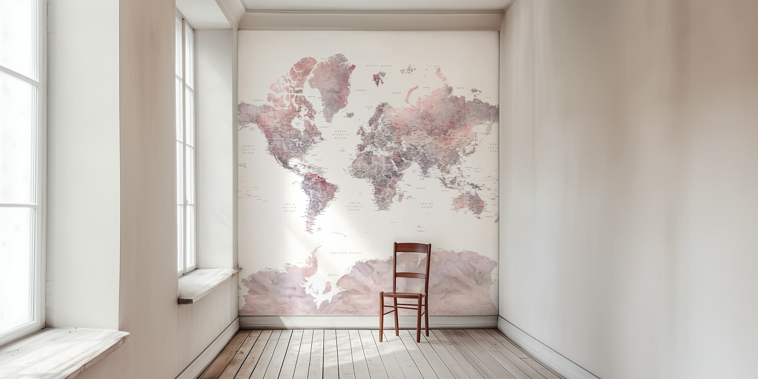 World map wallpaper with pink tones