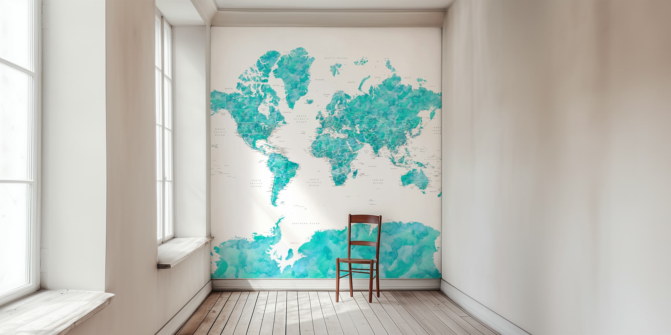Turquoise watercolor world map wall mural with a focus on Antarctica