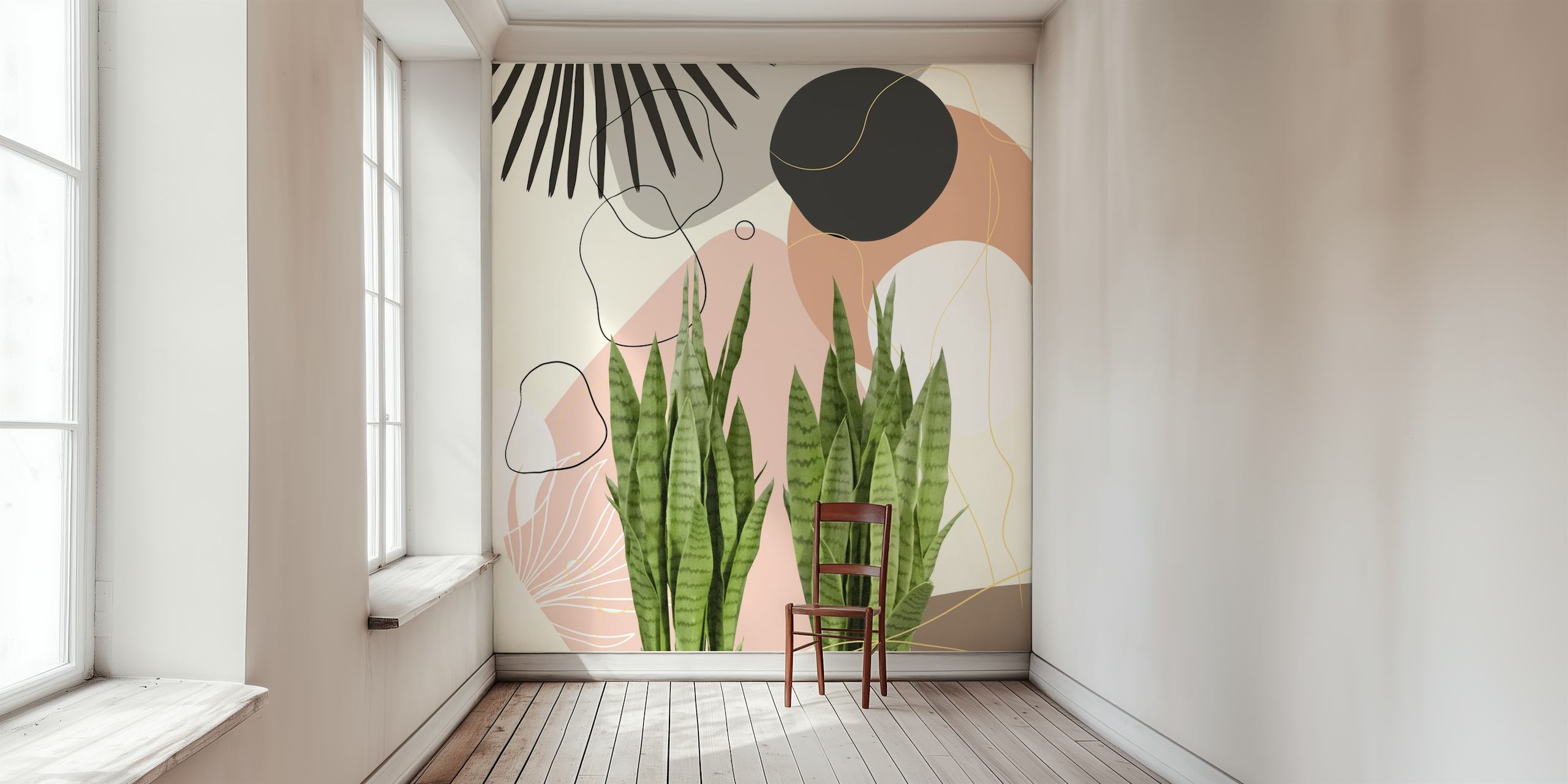 Tropical snake plant with abstract background shapes wallpaper