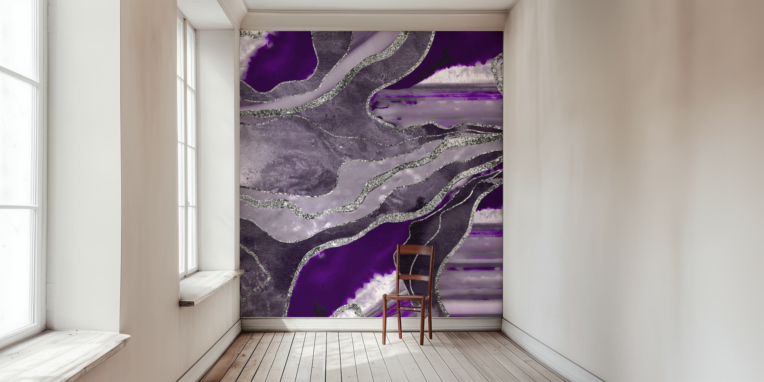 Violet and silver abstract marble agate pattern wall mural