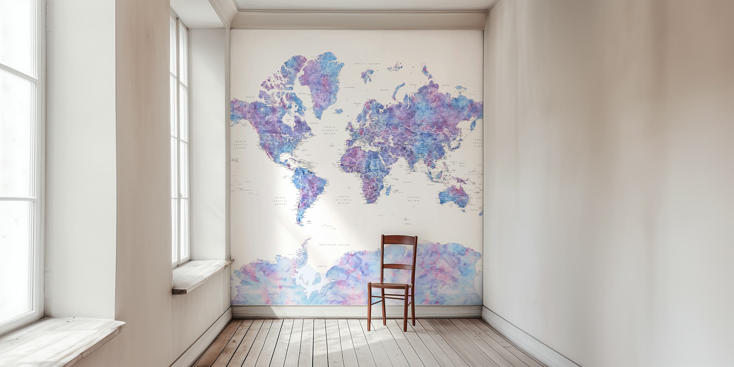 World Map Raul Antarctica wall mural with purple and blue hues