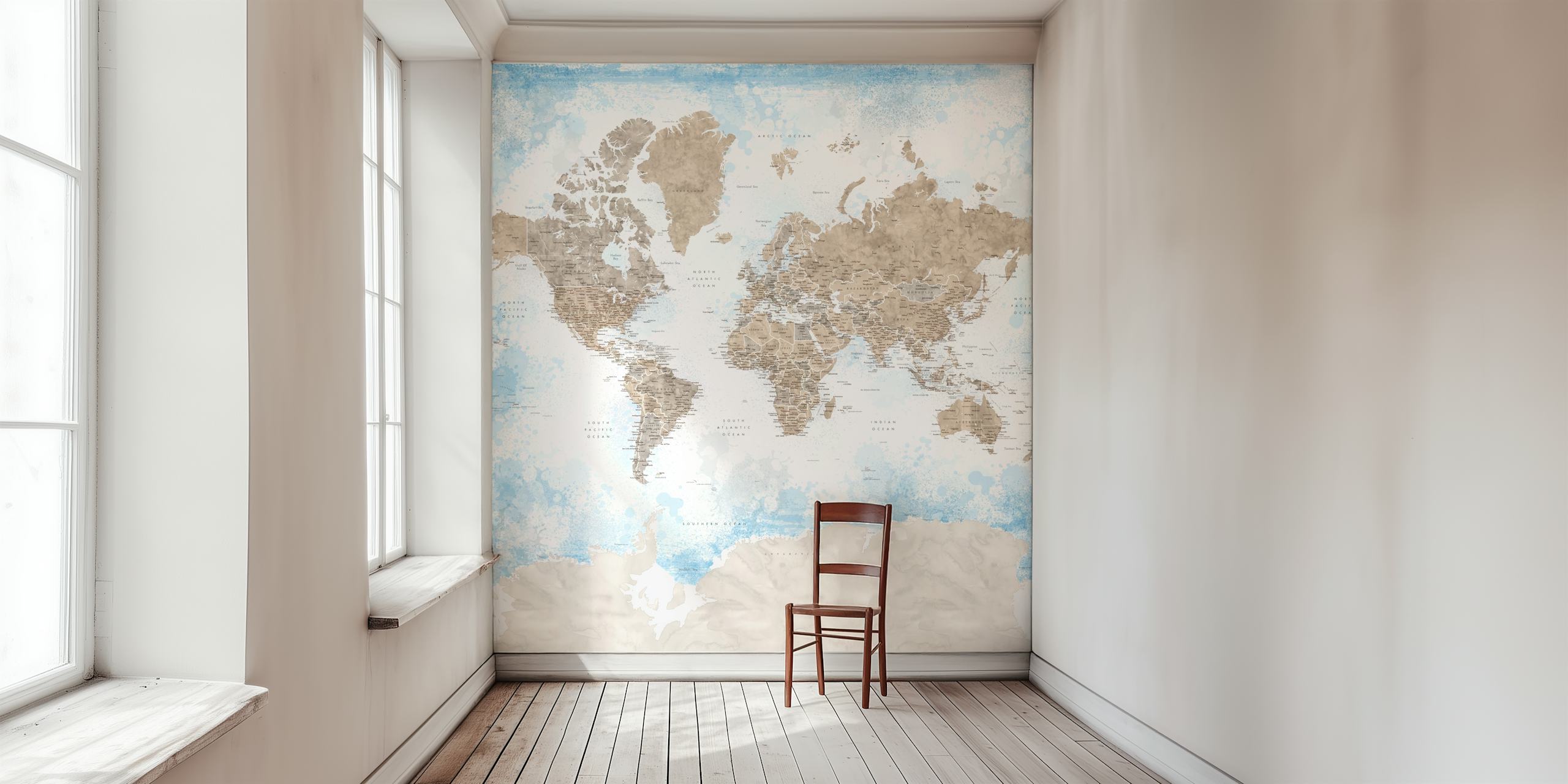 World map wallpaper with blue accents and beige continents