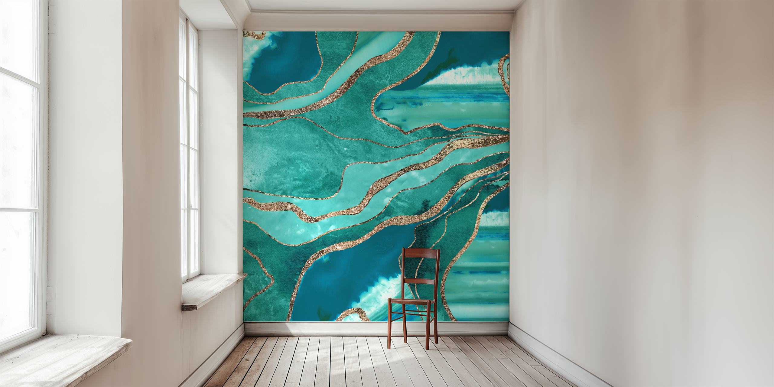 Teal Marble Agate Gold wallpaper displayed in a room