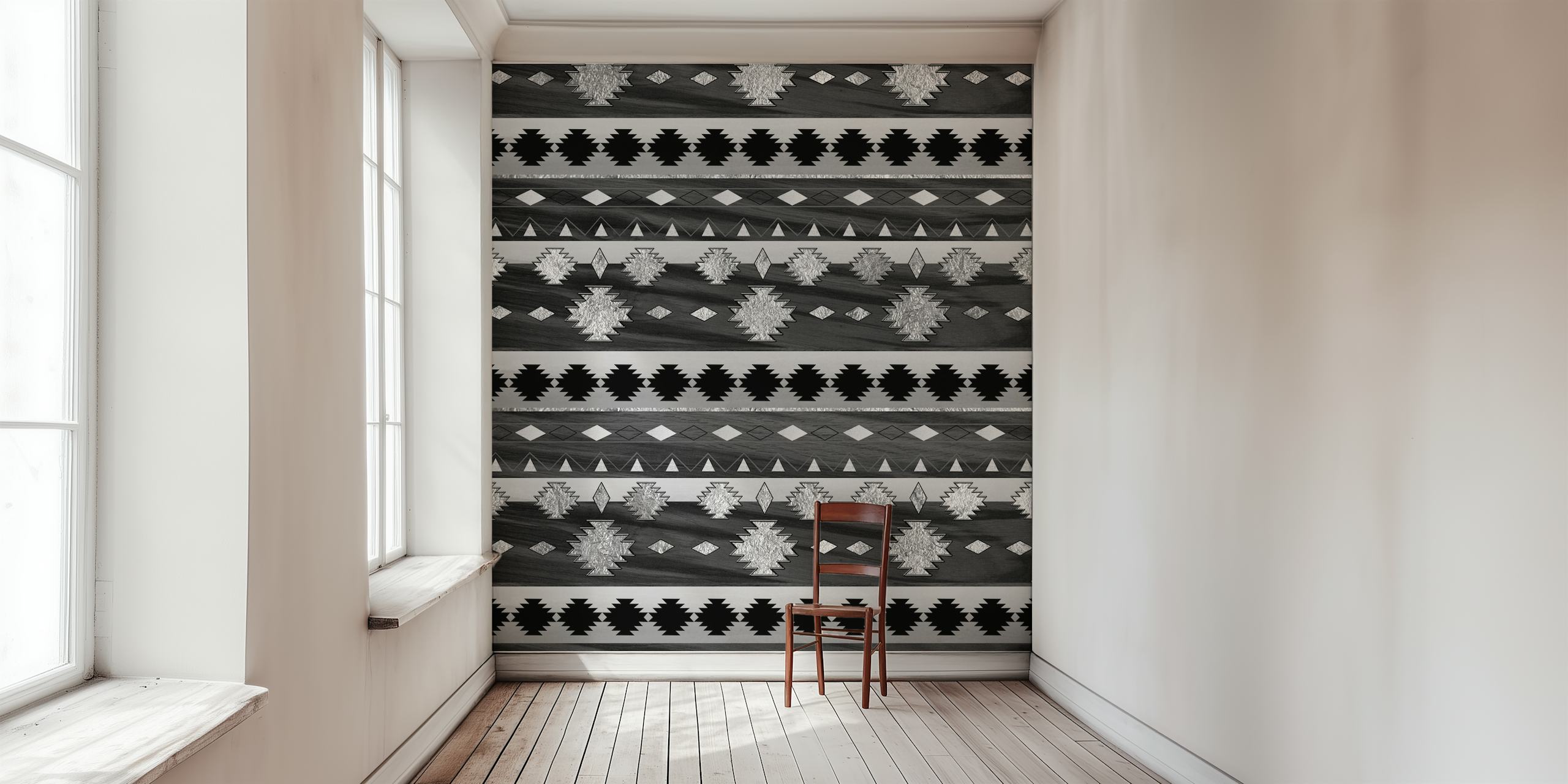 Tribal geometric patterns in black and white wallpaper