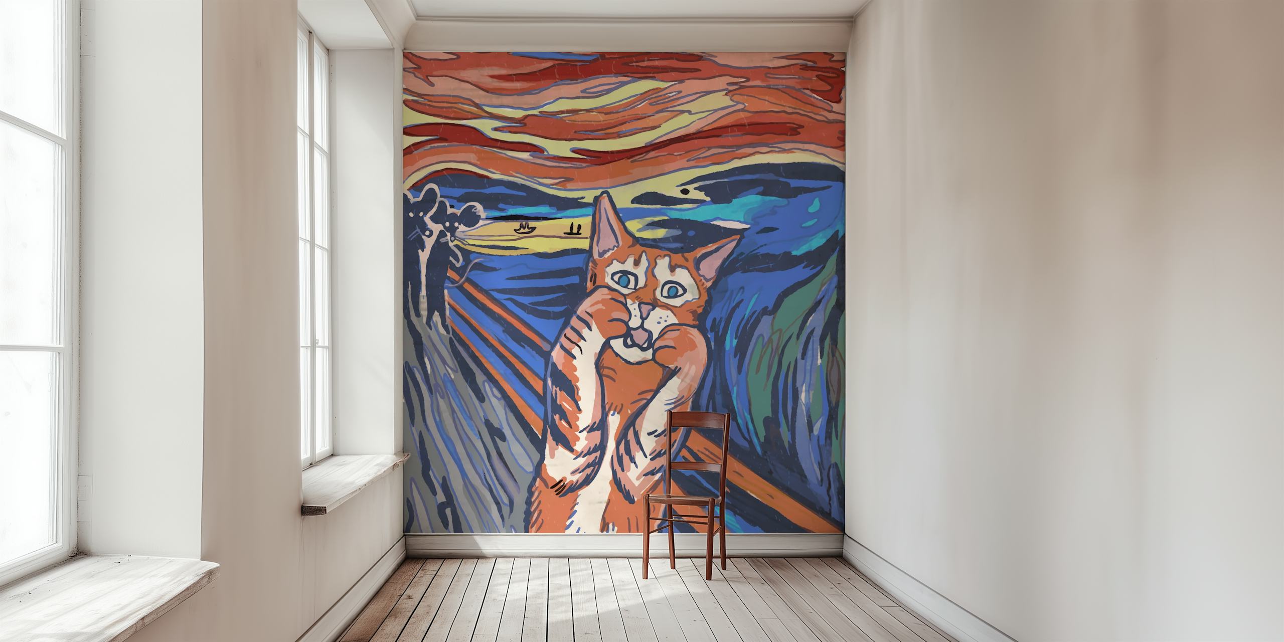 Une réinterprétation ludique d'une peinture célèbre mettant en scène un chat surpris au milieu de couleurs tourbillonnantes.