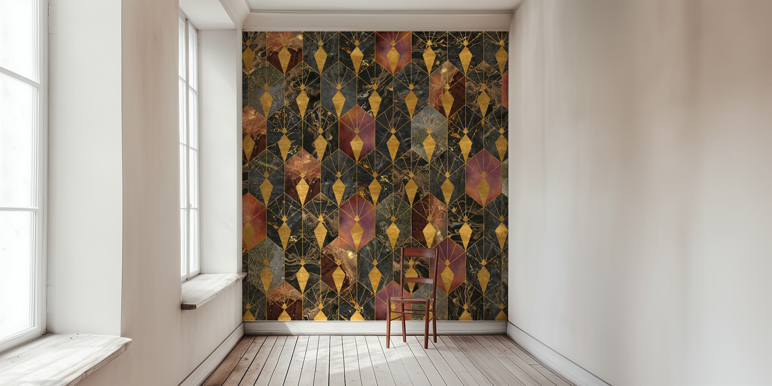 Colorful Hexagons Art Deco Wall Mural with a range of red and gold hues on happywall.com