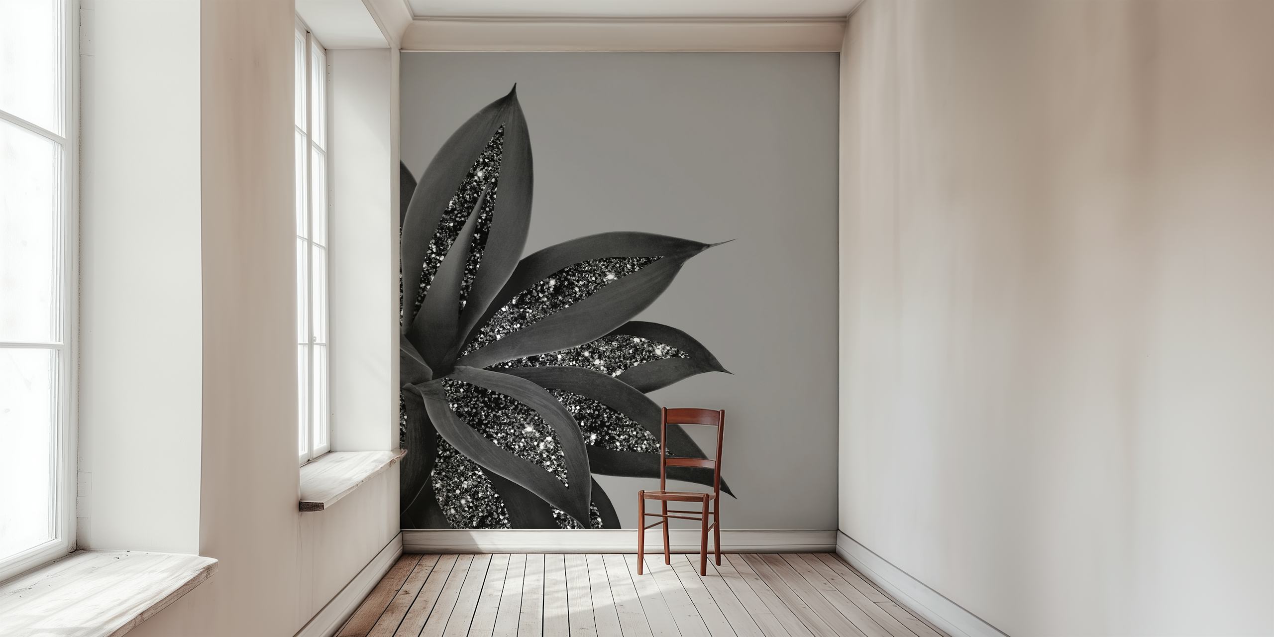 Black glitter agave leaves on a gray background wallpaper
