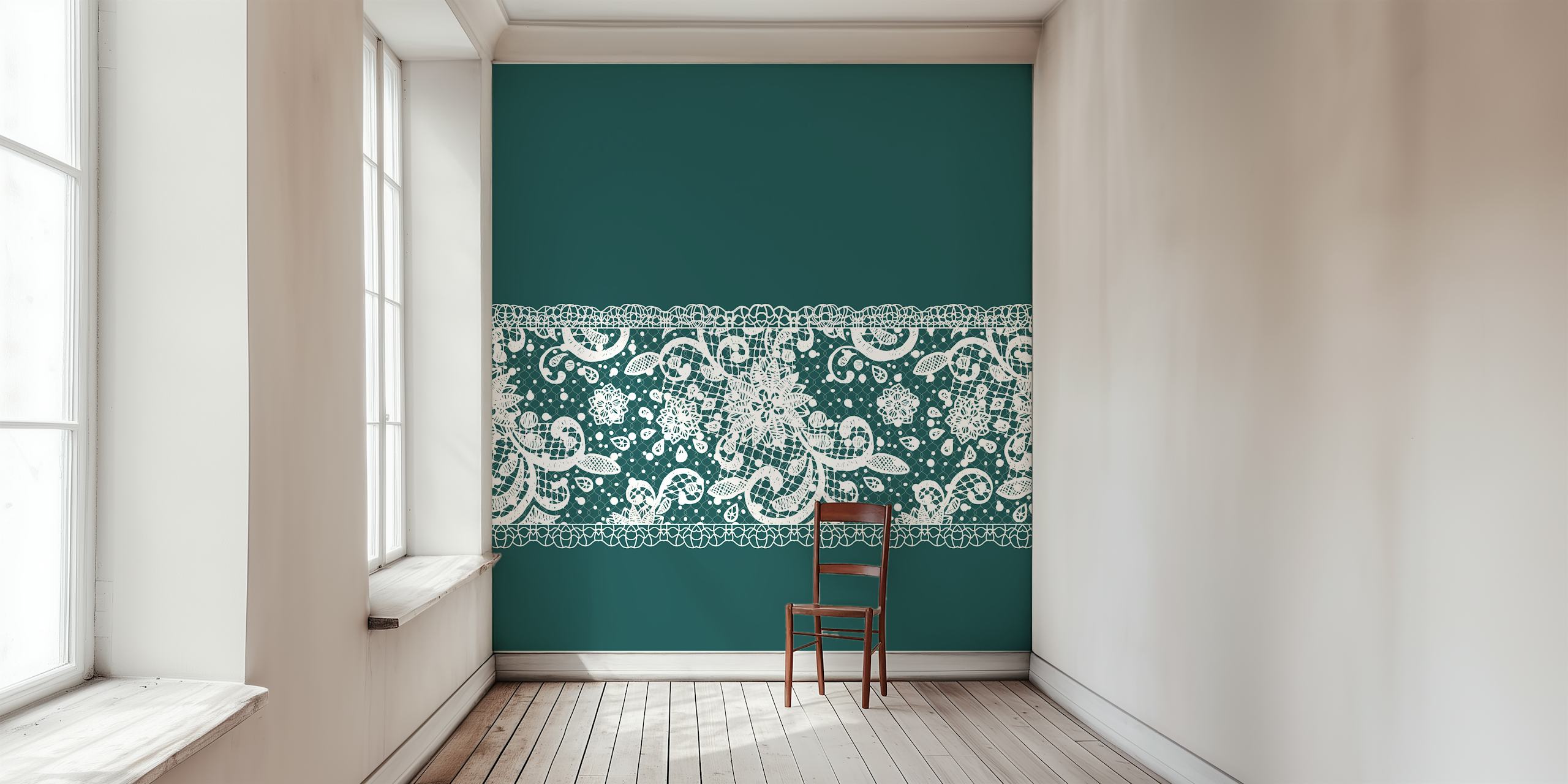 Emerald green background with white intricate lace pattern wall mural
