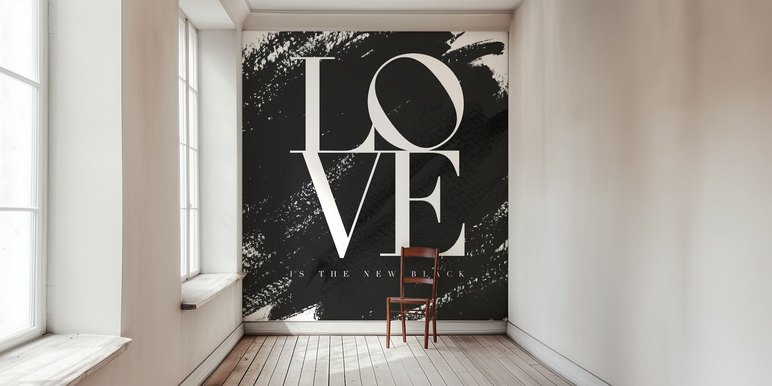 Papier peint mural moderne « Love is the new Black » avec des coups de pinceau et une typographie noirs audacieux