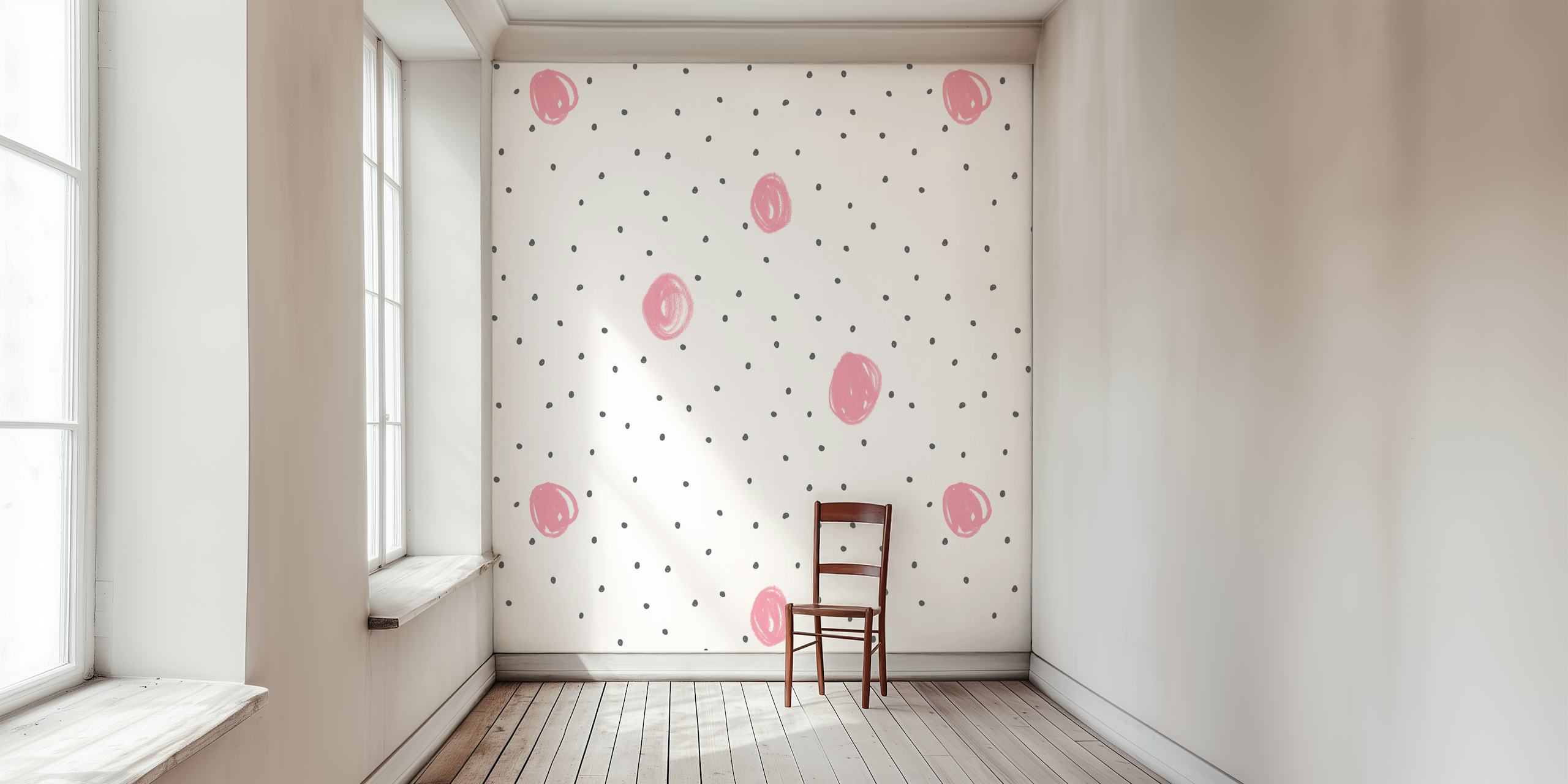 Pink dots on a white background in a playful pattern wallpaper