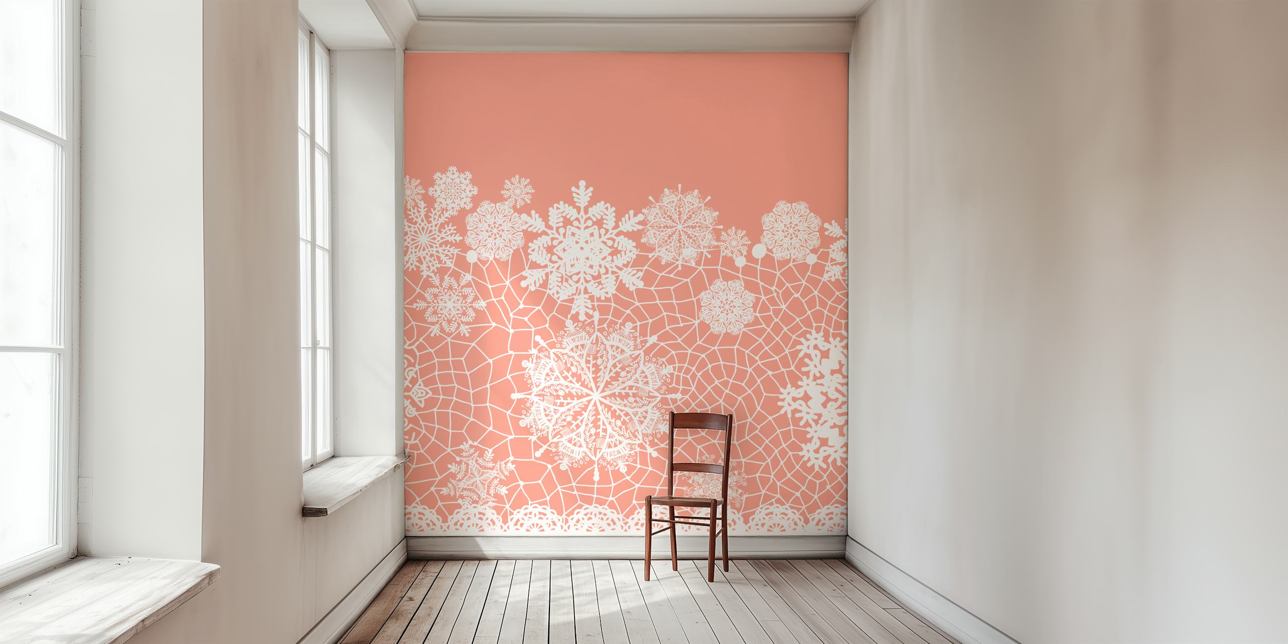 Coral pink wallpaper with intricate white lace patterns