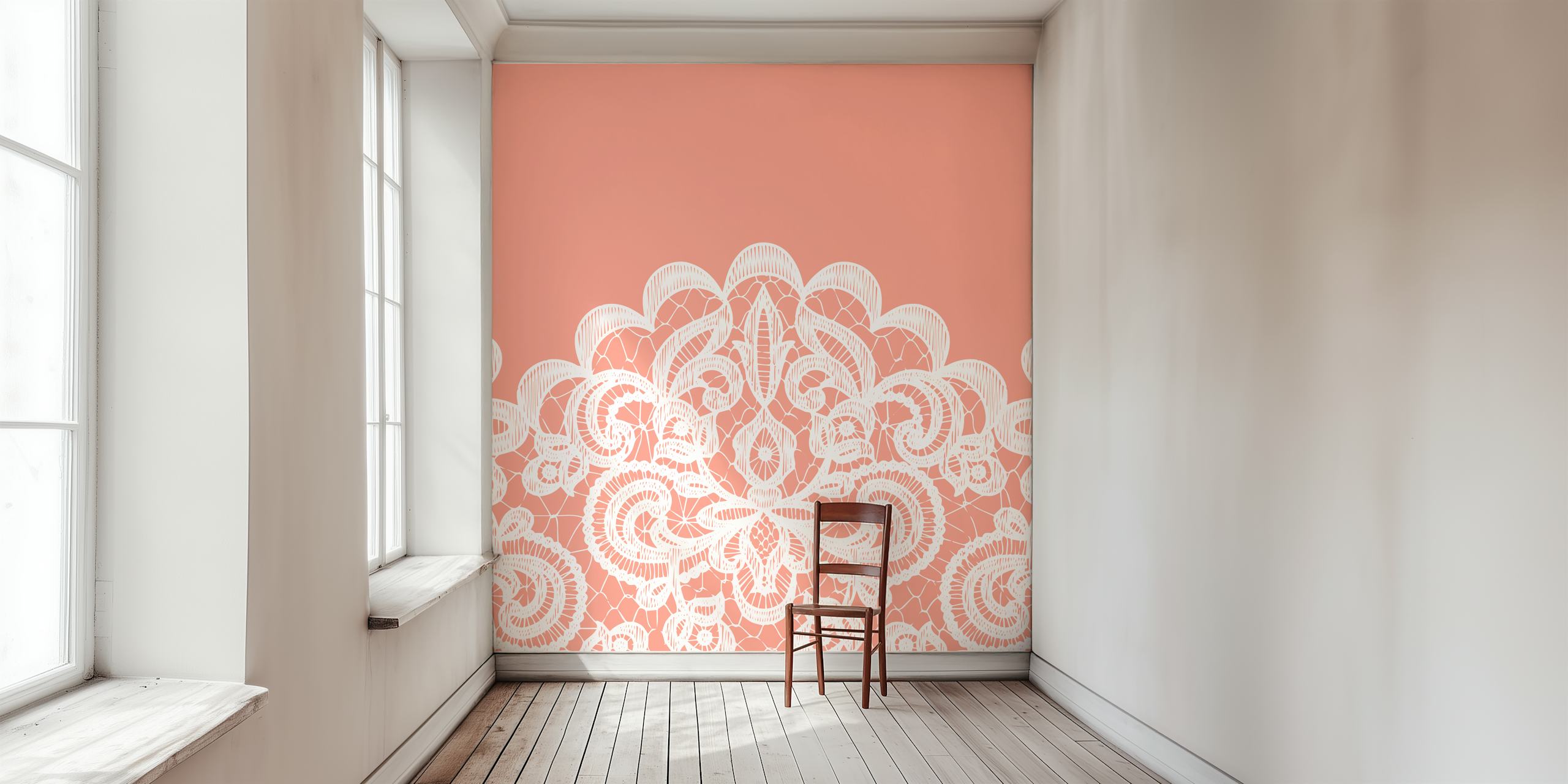 Ταπετσαρία Coral Pink με λευκό μοτίβο δαντέλας