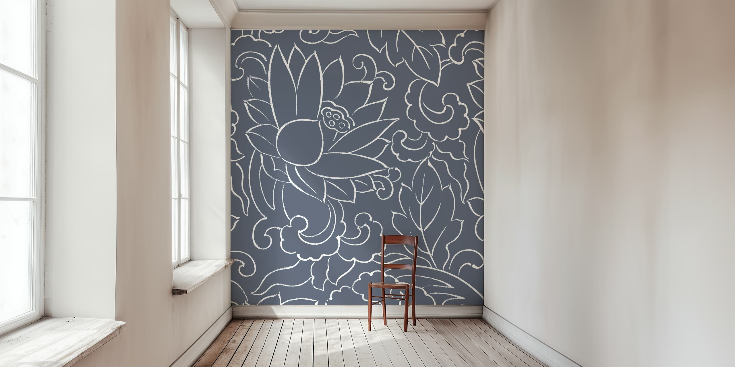Blue-grey lotus flower wallpaper in a room