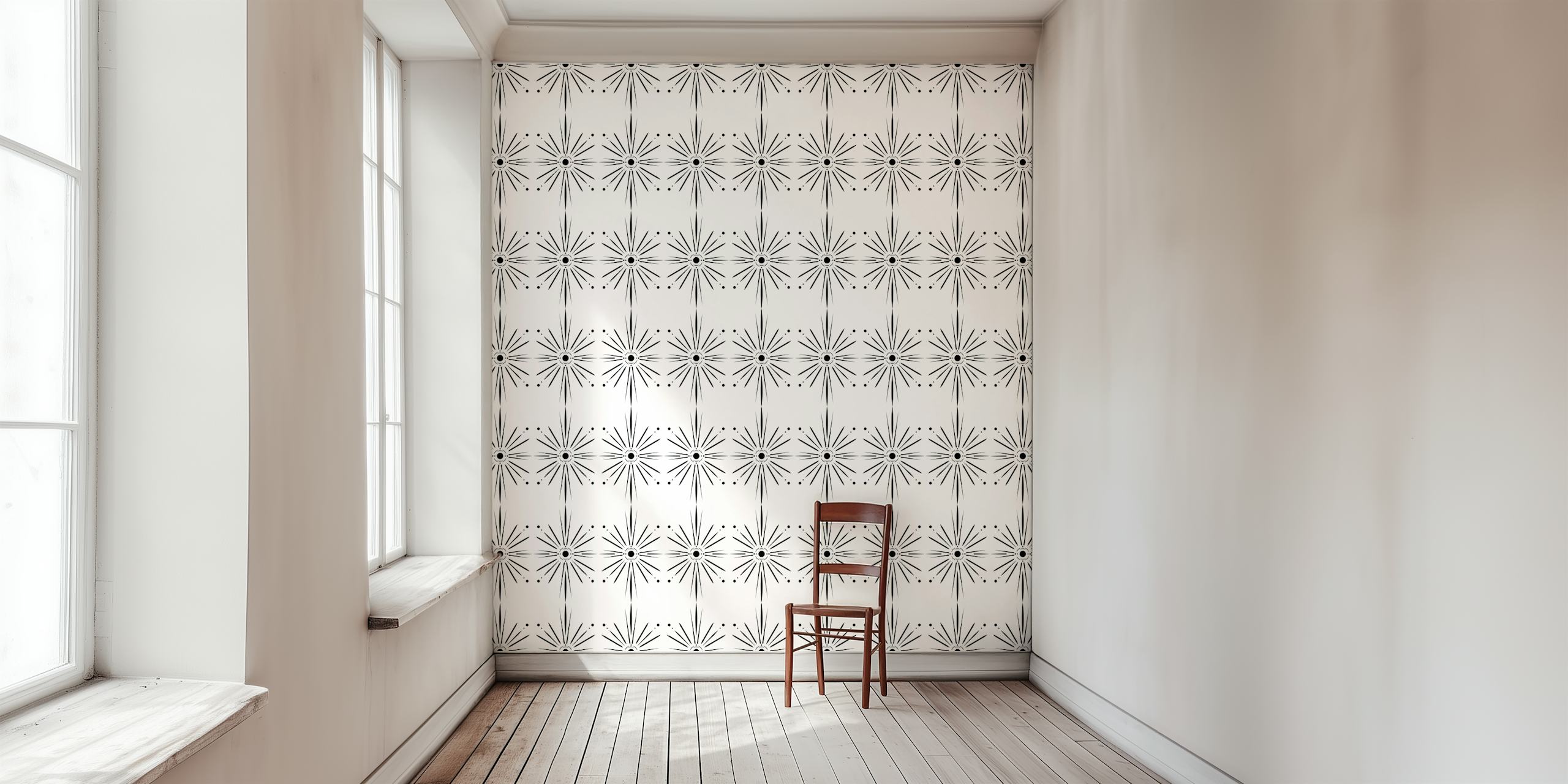 Sun Star wall mural with a pattern of intricate sun stars against a crisp white background