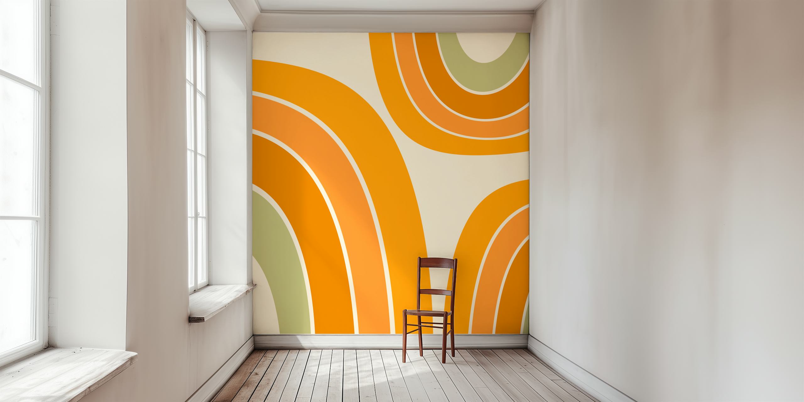 Curved lines in orange and green on beige wallpaper