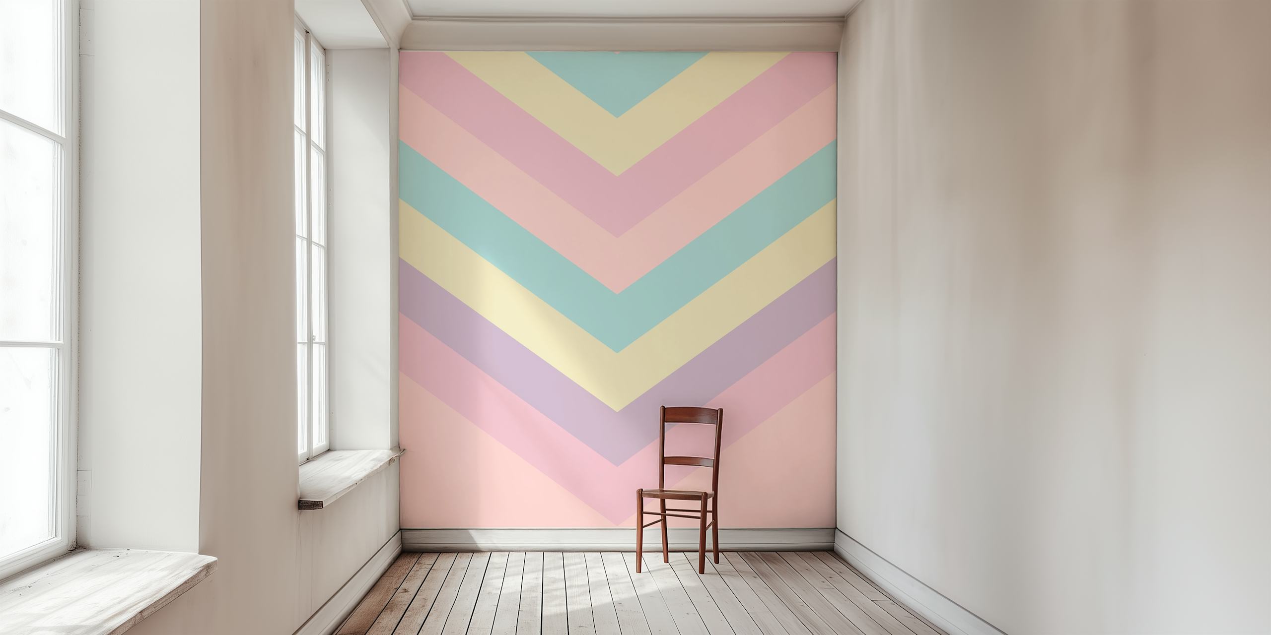 Fotomural vinílico de parede retrô colorido com padrão chevron em tons de rosa pastel, azul e menta