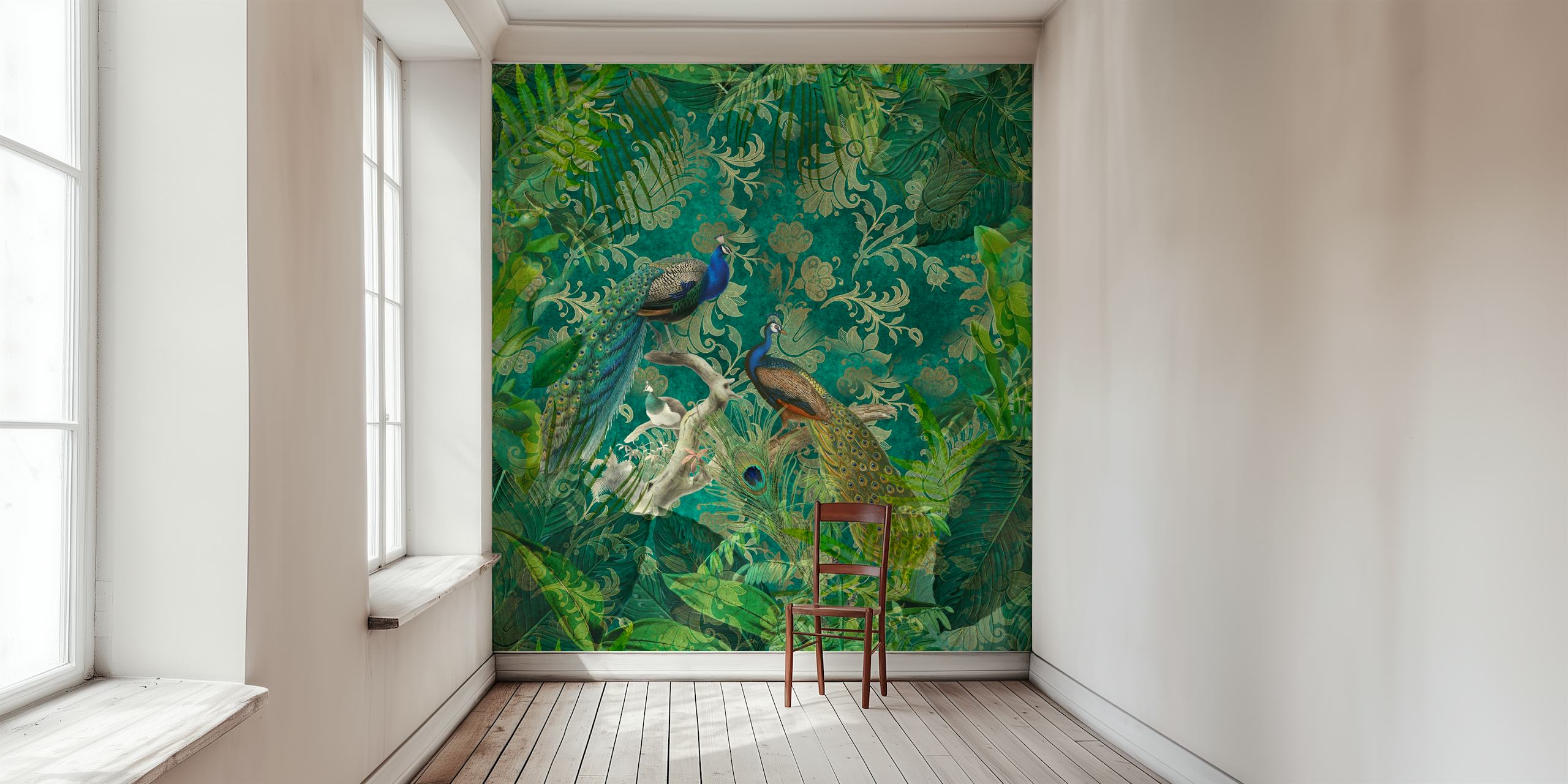 Papel de parede que retrata uma floresta tropical havaiana com magníficos Peacocks