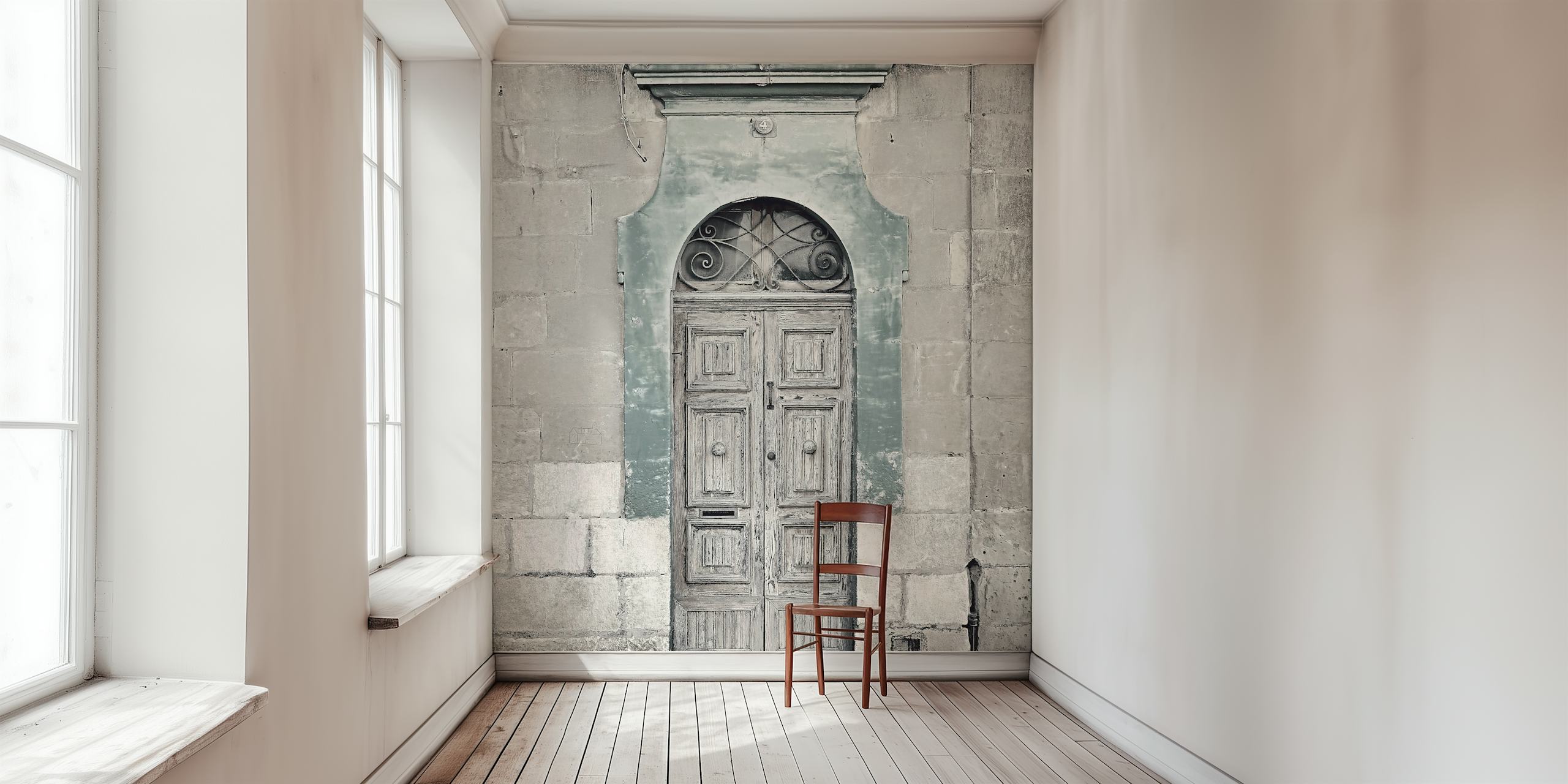 Gray weathered door wall mural for a vintage-inspired interior