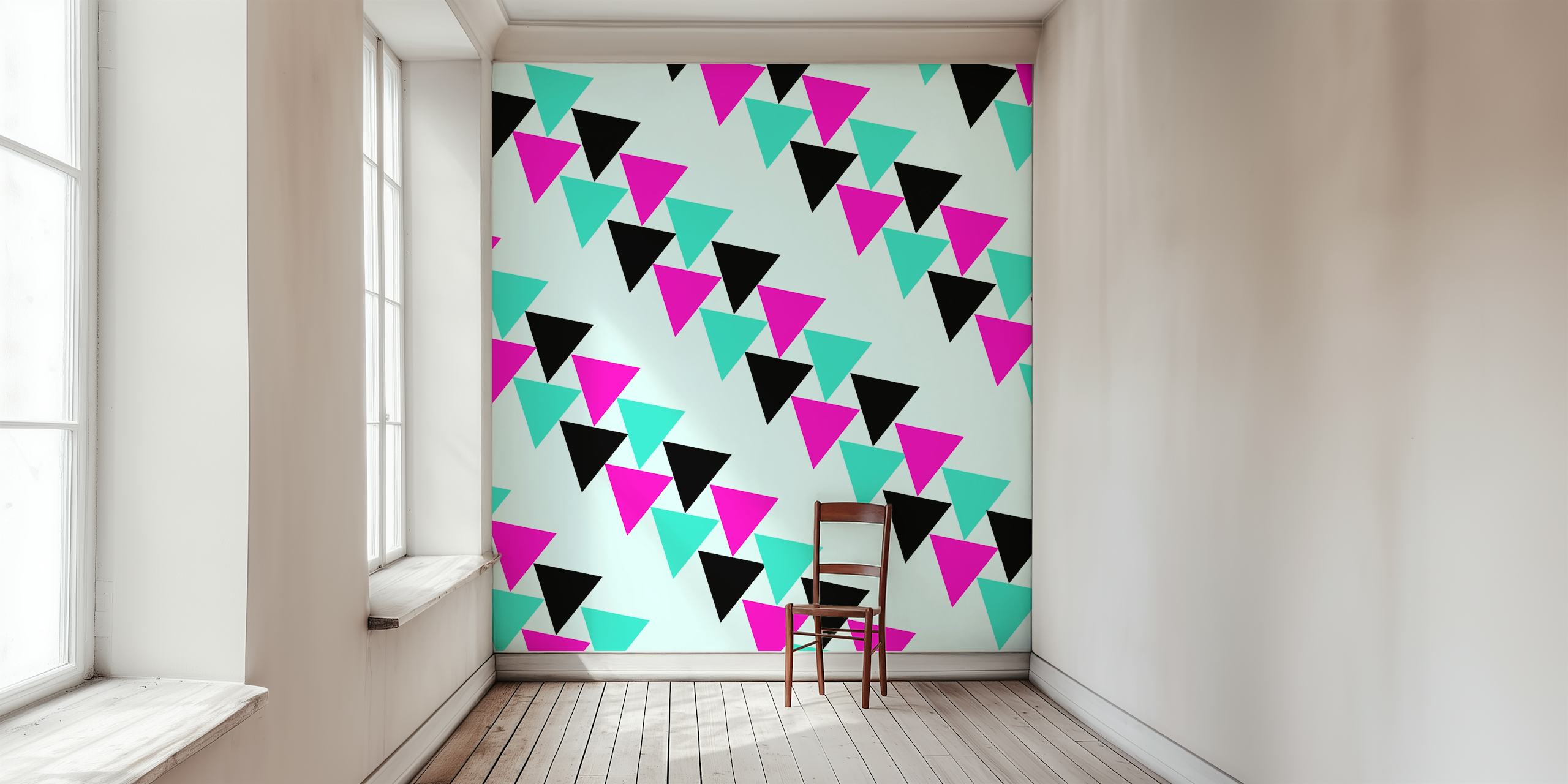 Colorful triangles in pink, turquoise, and black geometric wallpaper