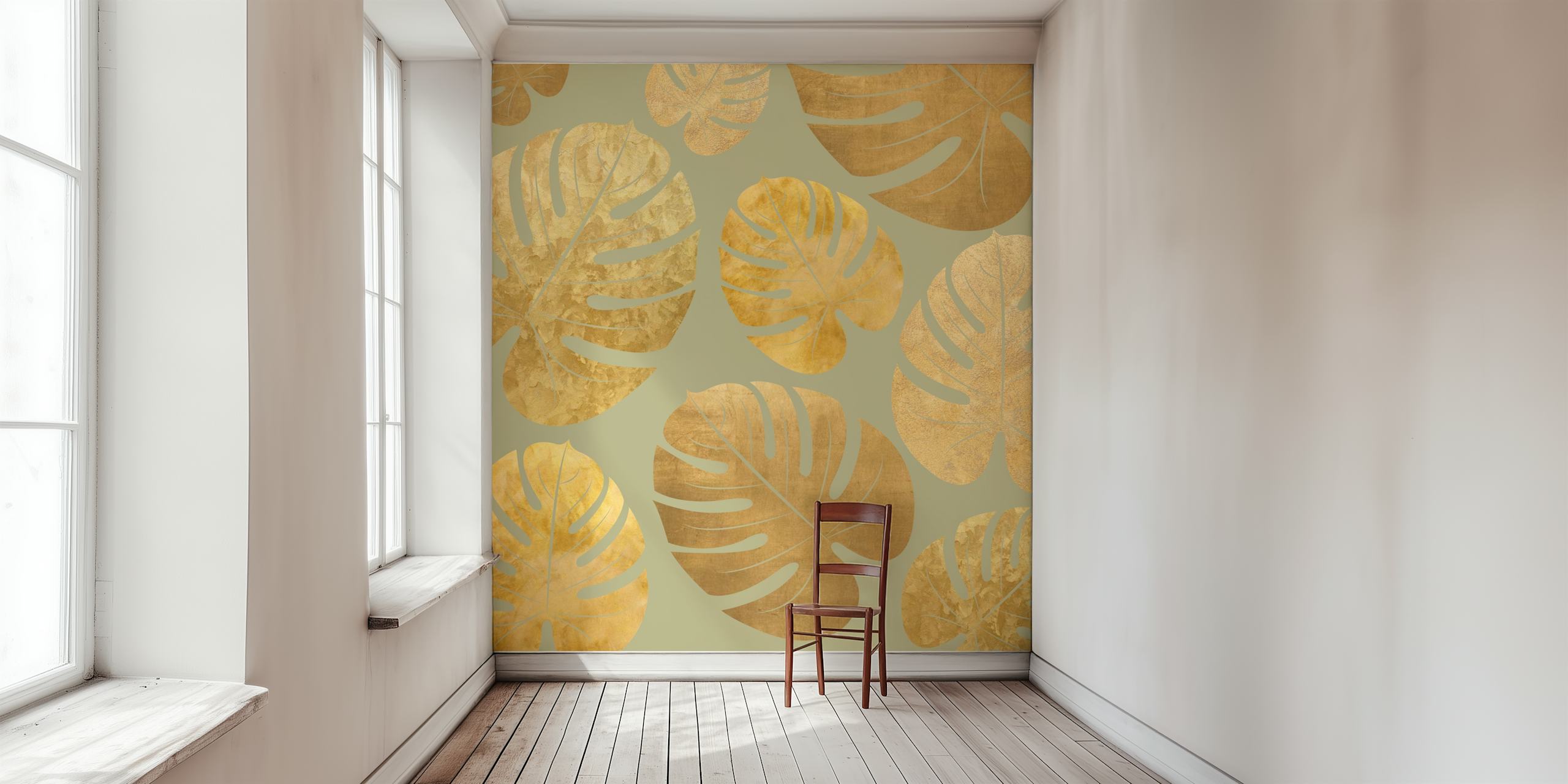 Papier peint mural feuille de palmier vert mousse et or