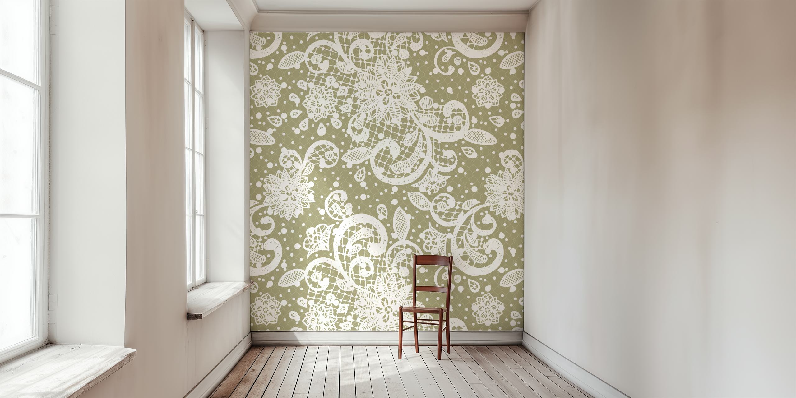Olive green floral lace pattern wallpaper