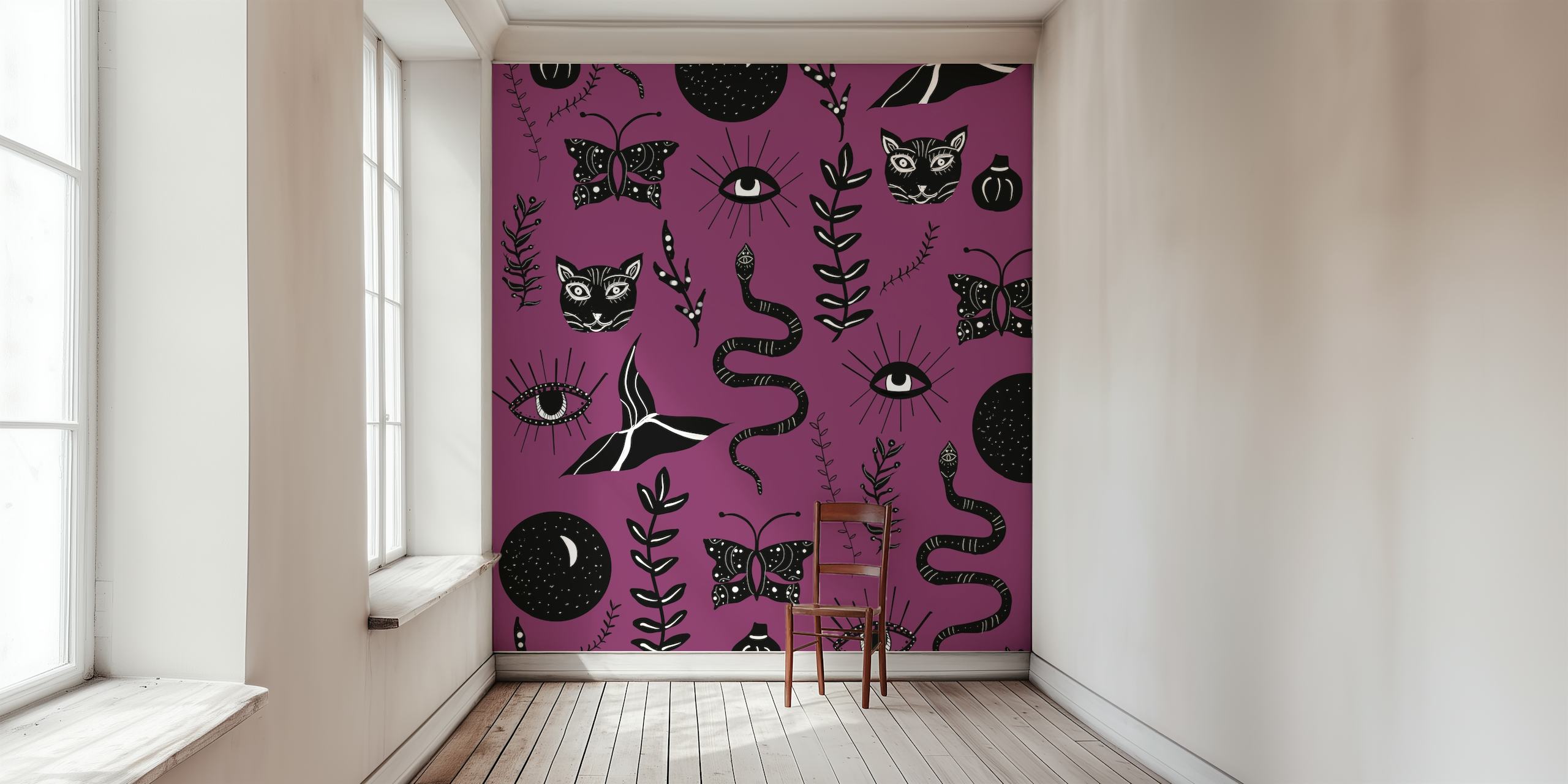 Halloween wallpaper featuring black cats, eyes, snakes, and butterflies on purple background