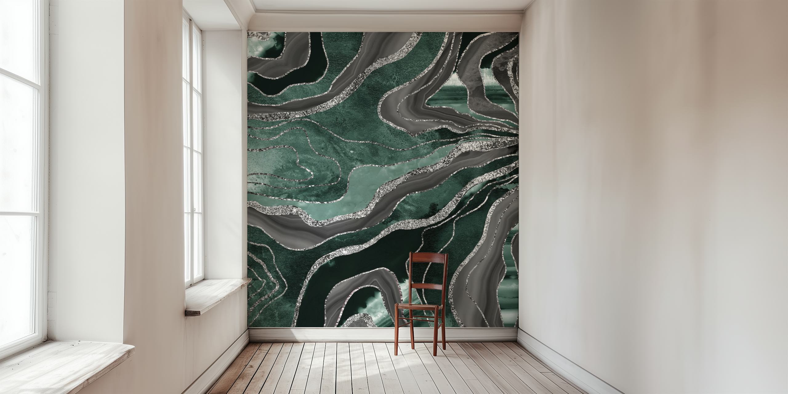 Emerald green and black marble agate pattern for a luxurious wall mural