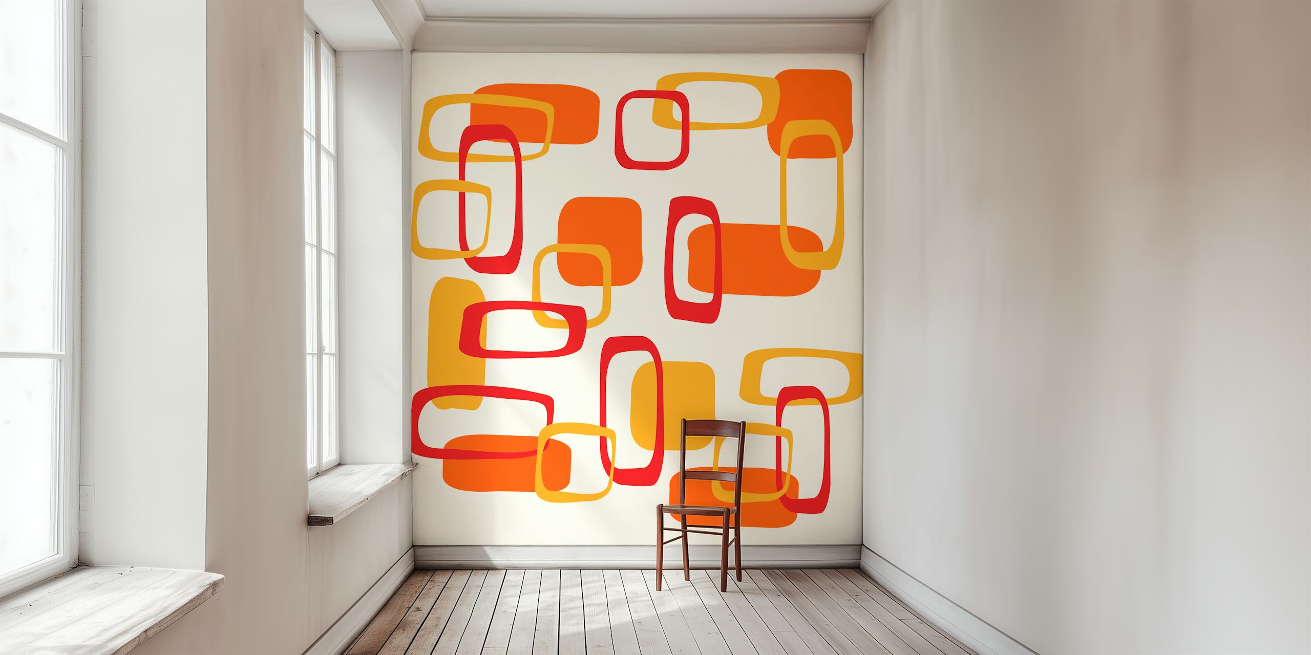 Retro-inspired wall mural with mid-century squares in 70s colors