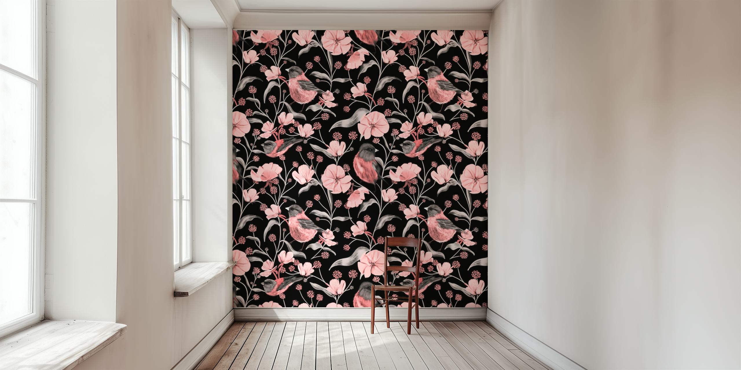 Pink birds and flowers patterned wallpaper