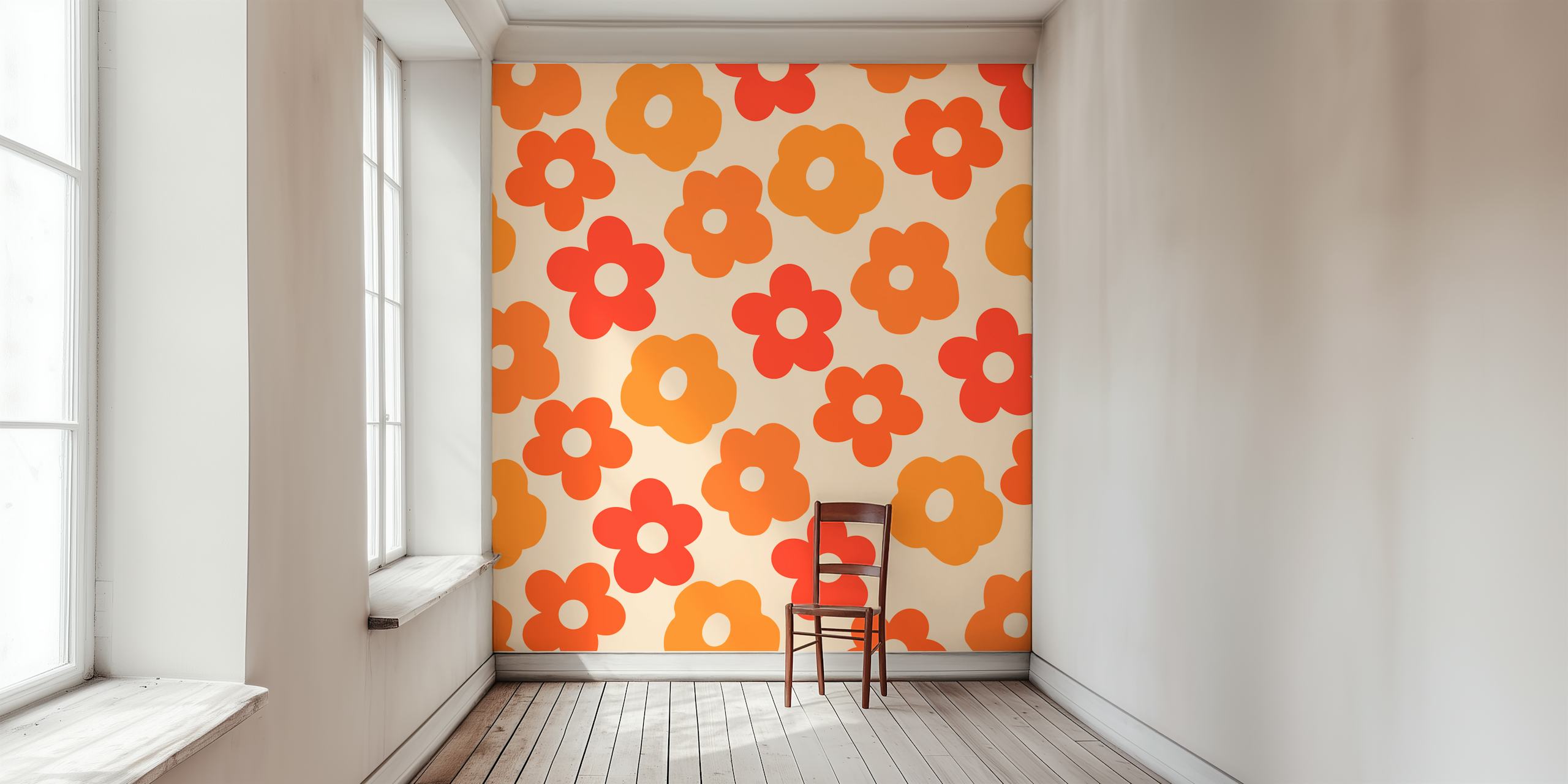 Retro tusenfryd 1970-tallsfarger veggmaleri med oransje og gule blomster på en beige bakgrunn