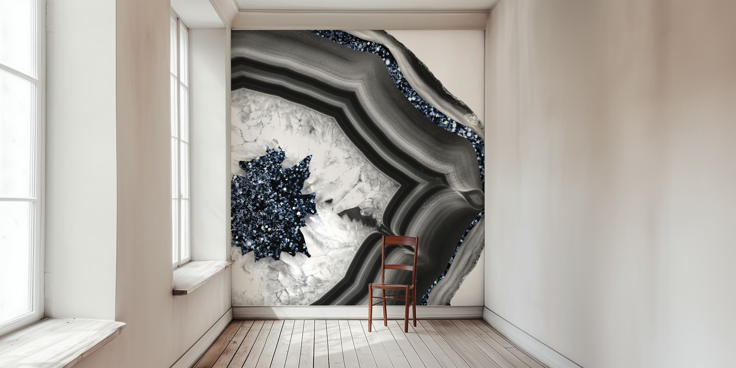 Gray and white agate pattern with sparkling blue glitter wallpaper