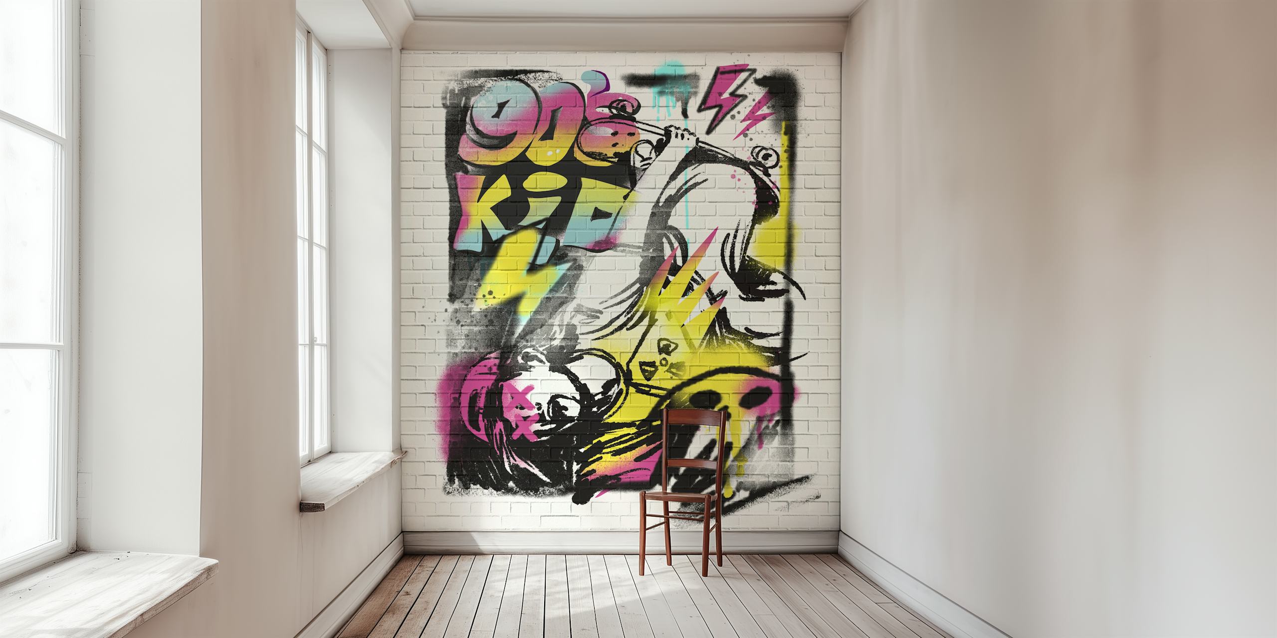 Carta da parati graffiti anni '90 su sfondo di muro in mattoni bianchi