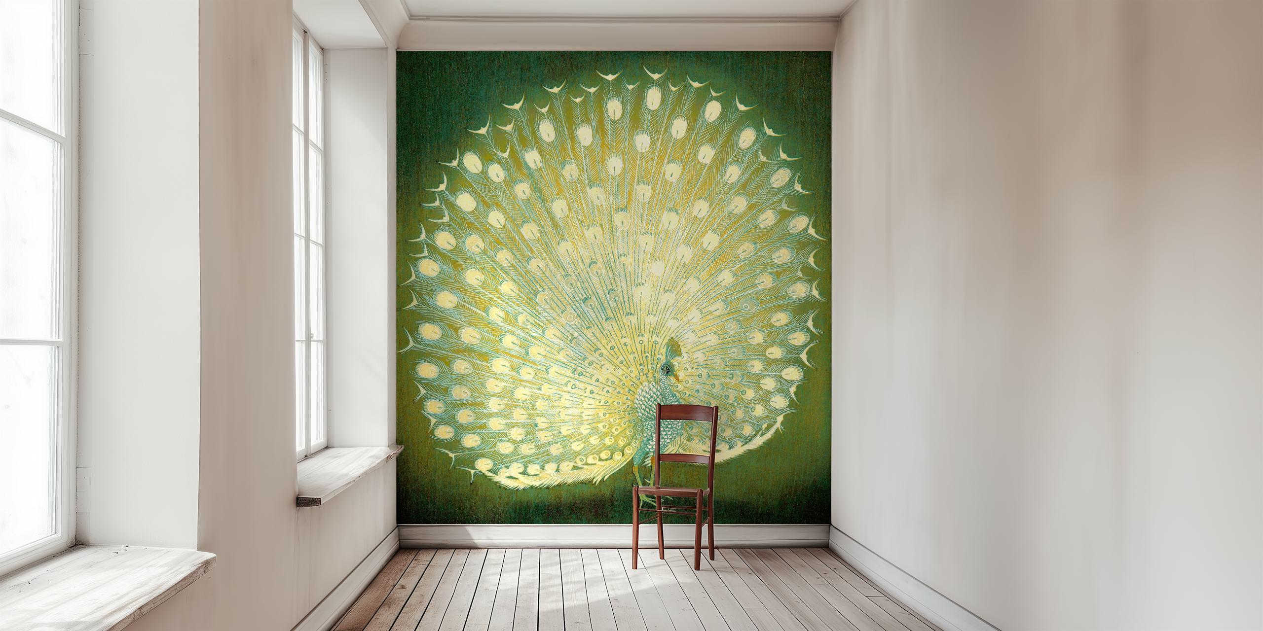 Peacock with green background in floral pattern wallpaper