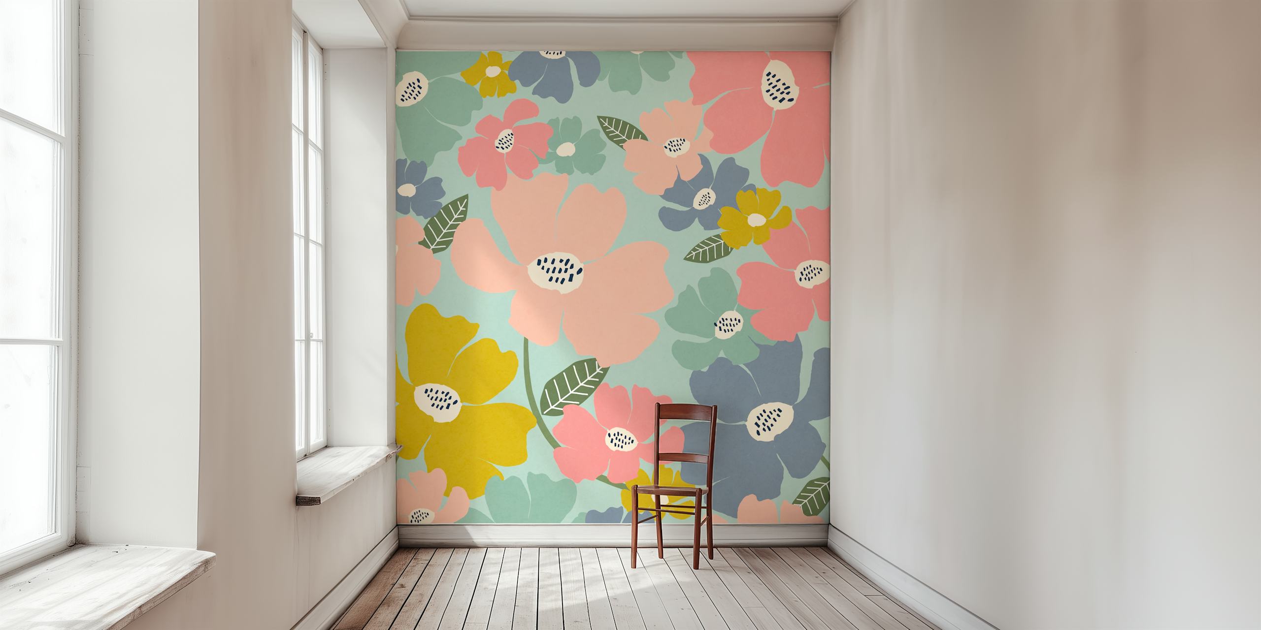 Colorful floral pattern with pink, blue, and yellow flowers wallpaper