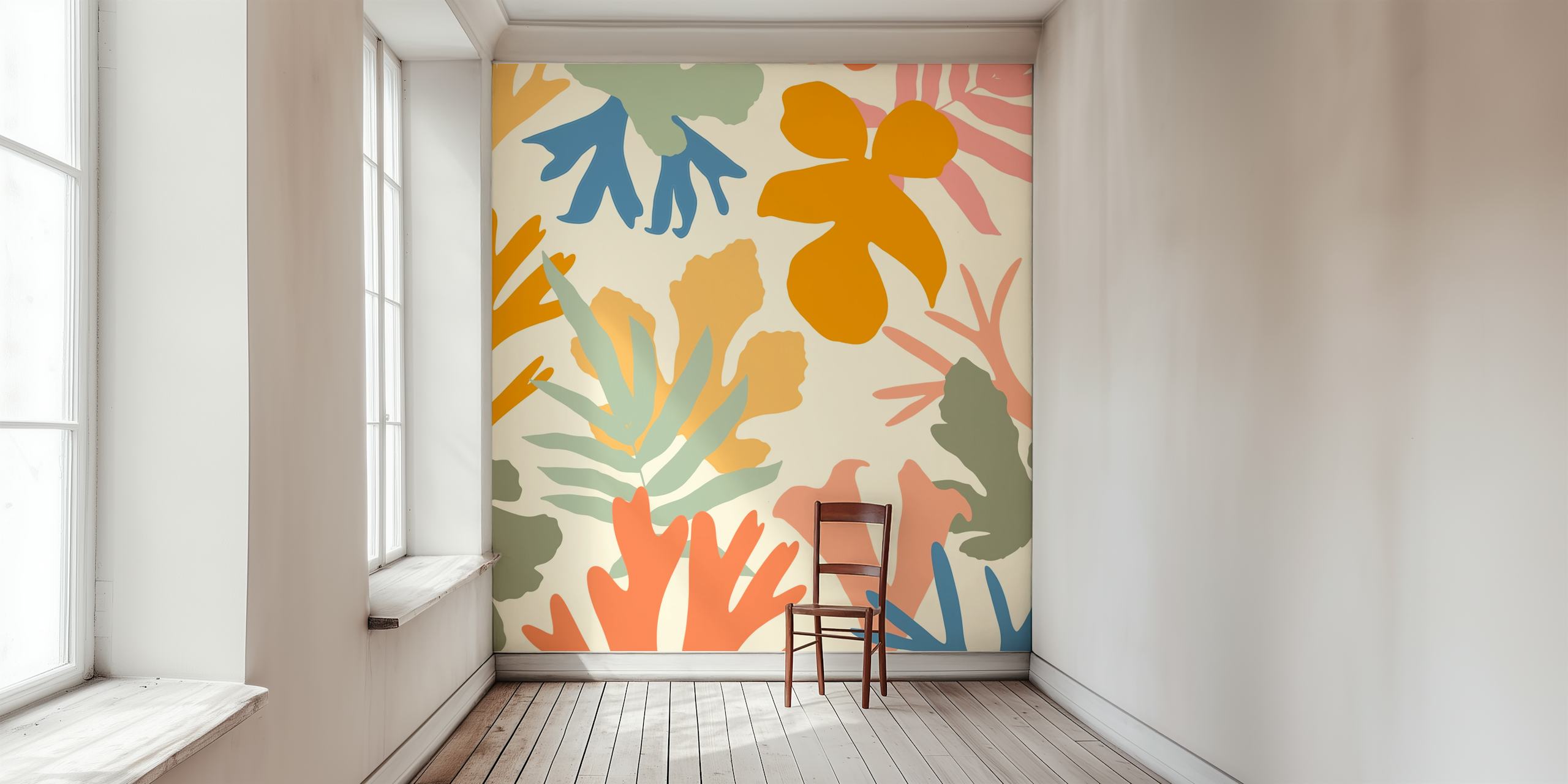 Colorful abstract botanical leaves wall mural perfect for adding a natural artistic touch to interiors.