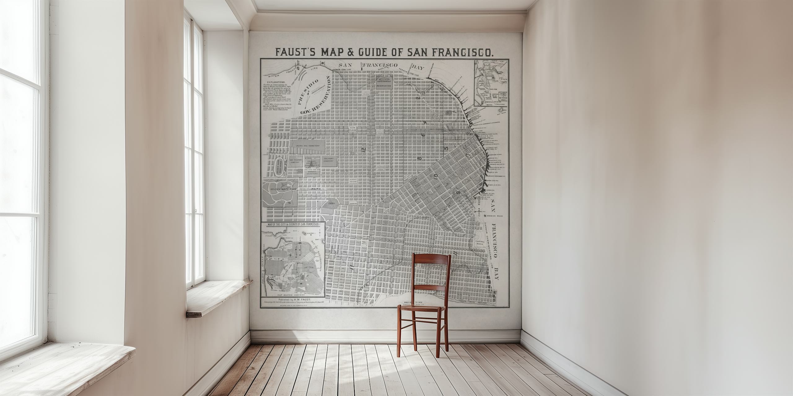 Vintage San Francisco map design in black and white wallpaper
