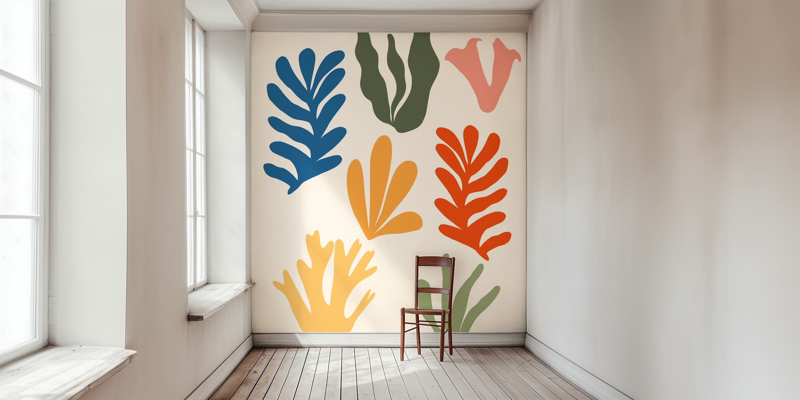 Stylized abstract seagrass wall mural with a variety of colorful shapes on a neutral background