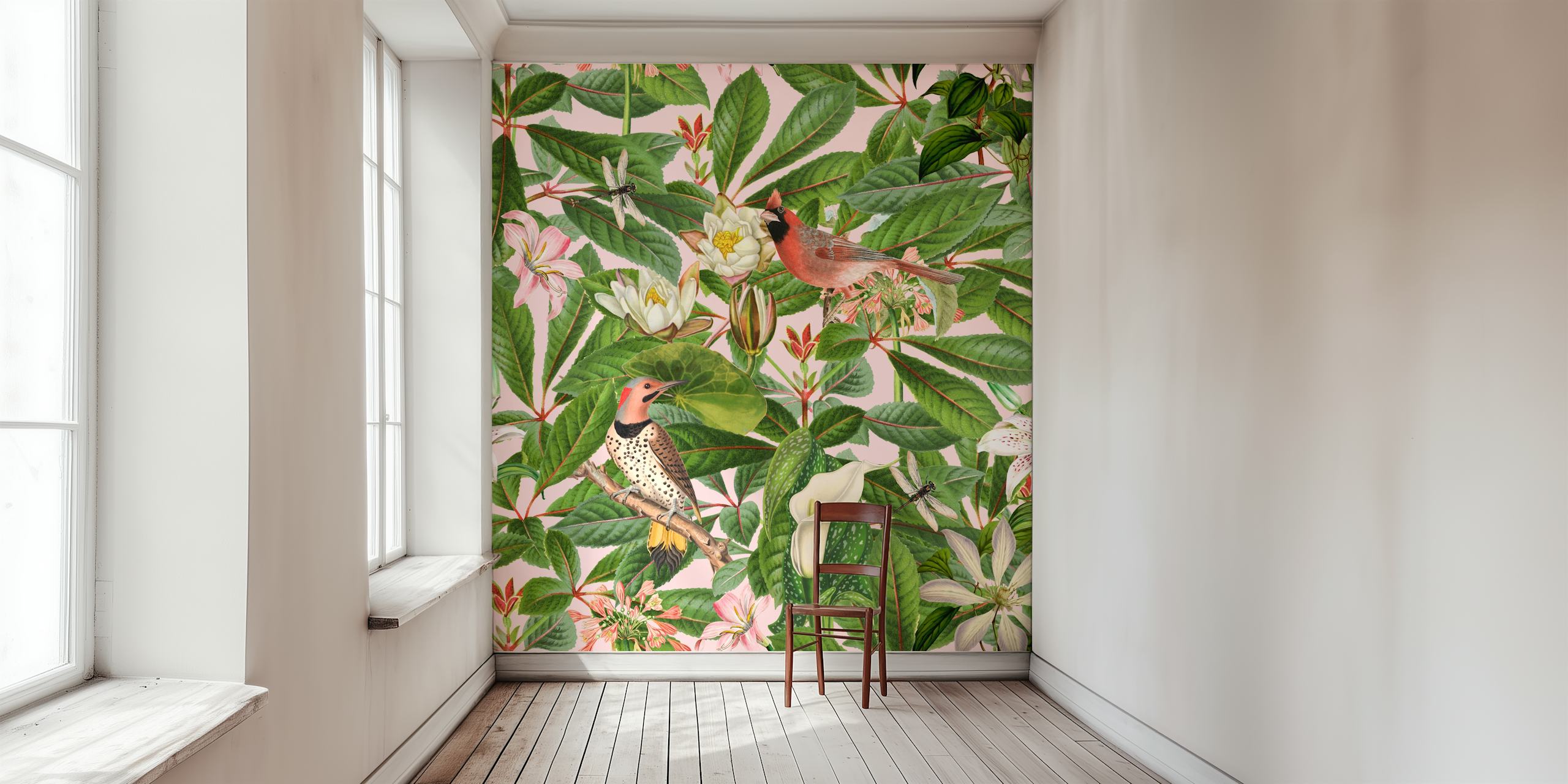 Veggmaleri av fugler og sommerflora i paradisiske hager.
