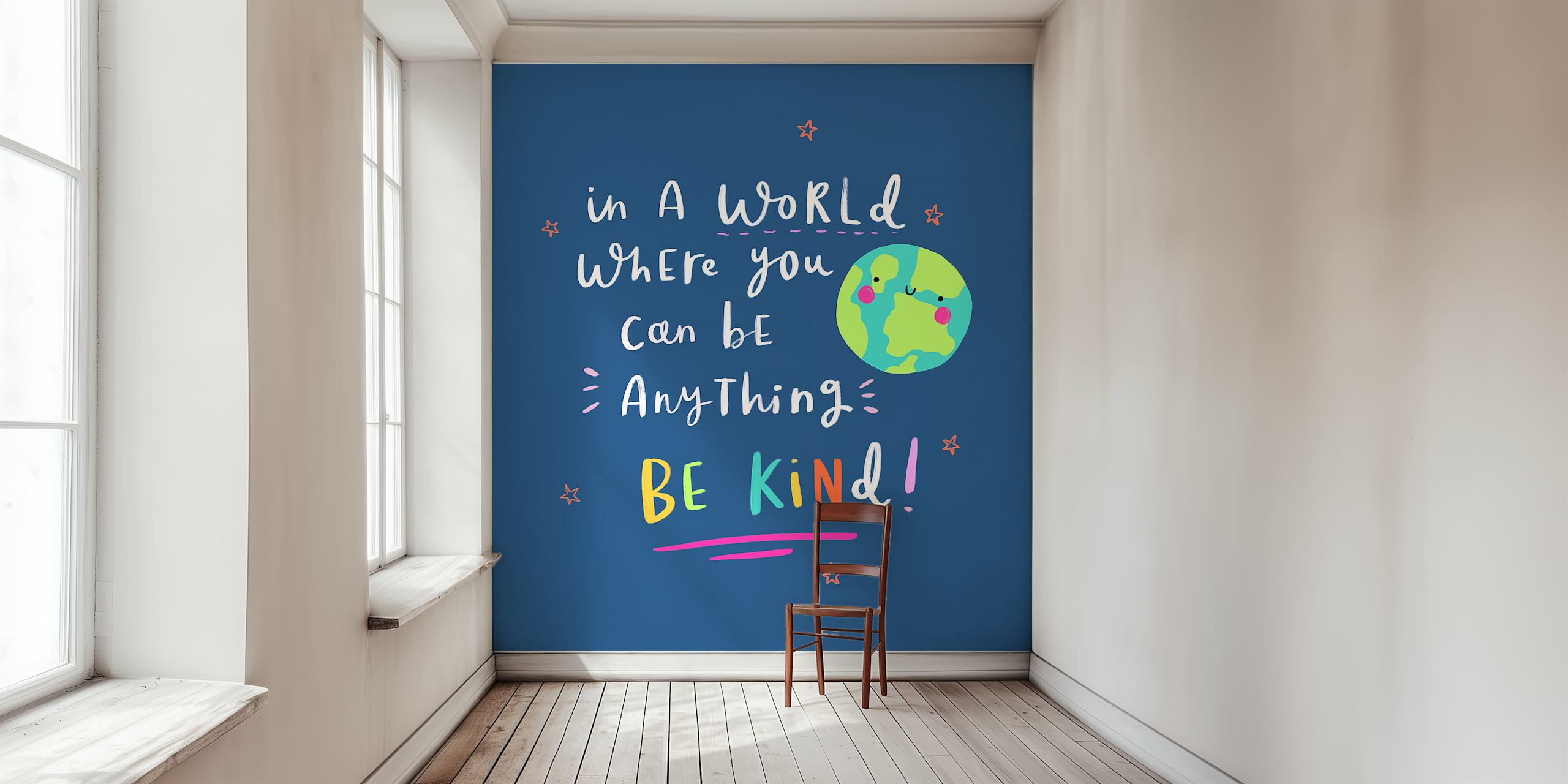 Colorful text 'Be Kind' with earth illustration on navy background wallpaper