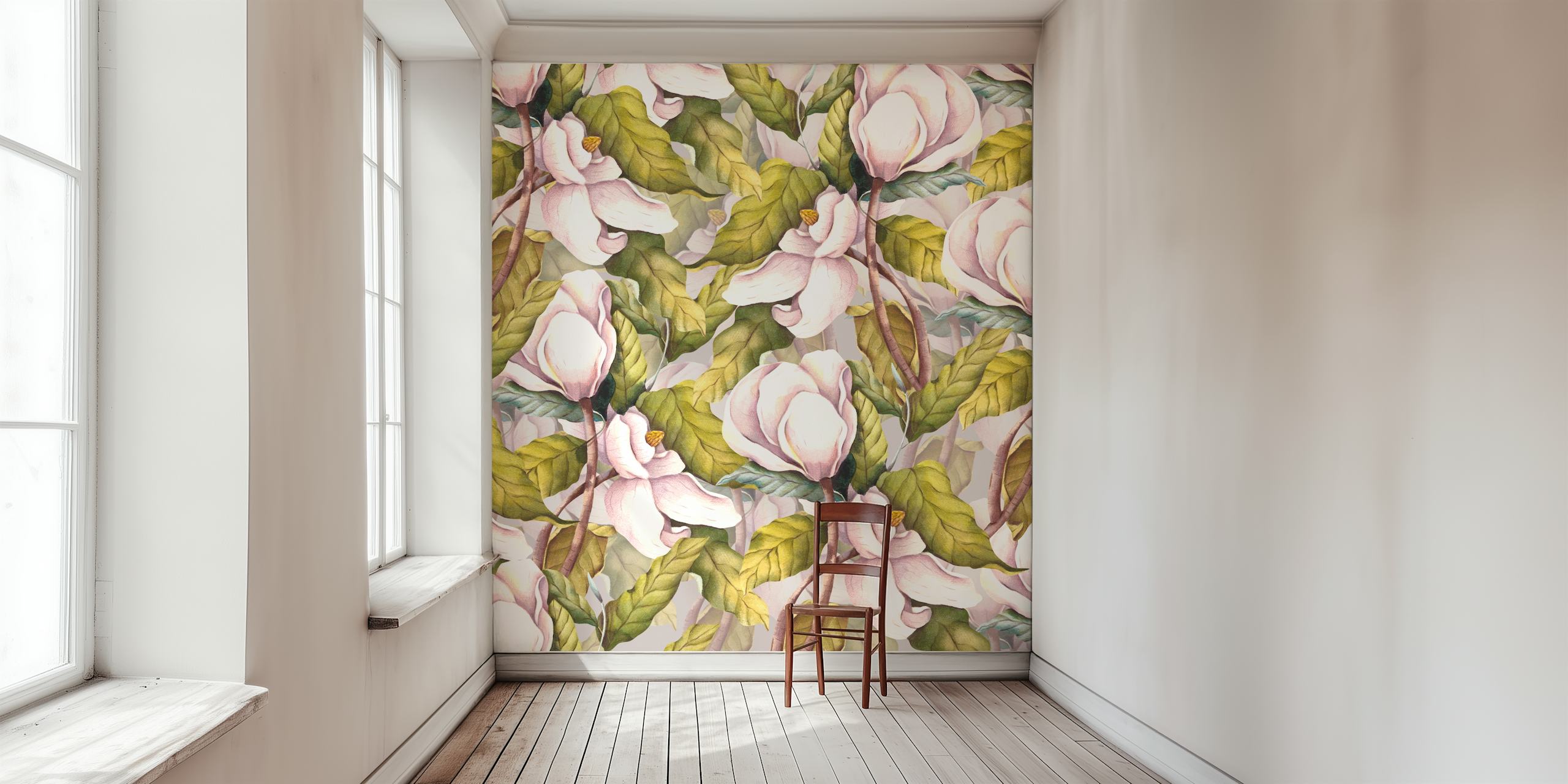 Pink magnolia flowers with green leaves wallpaper