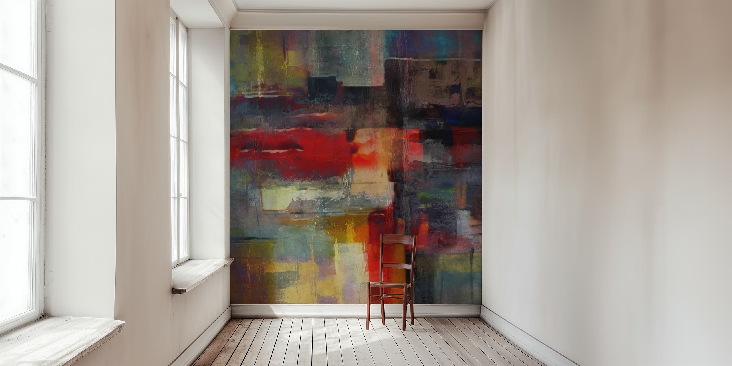 Colorful geometric abstract shapes in red, blue, and yellow wallpaper